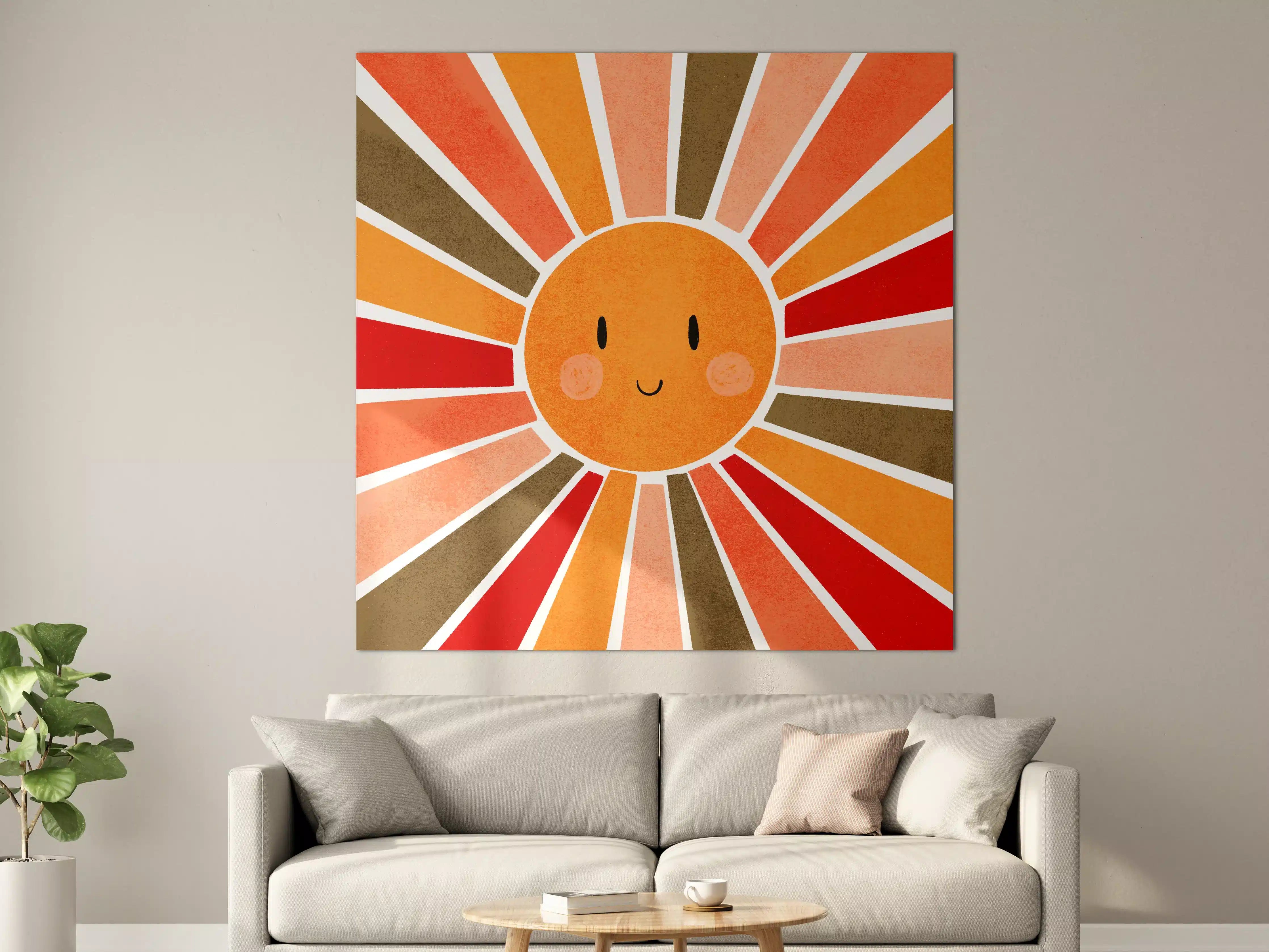 Große Wandbilder - Fröhliche Sonnengesicht-Illustration in warmen Tönen