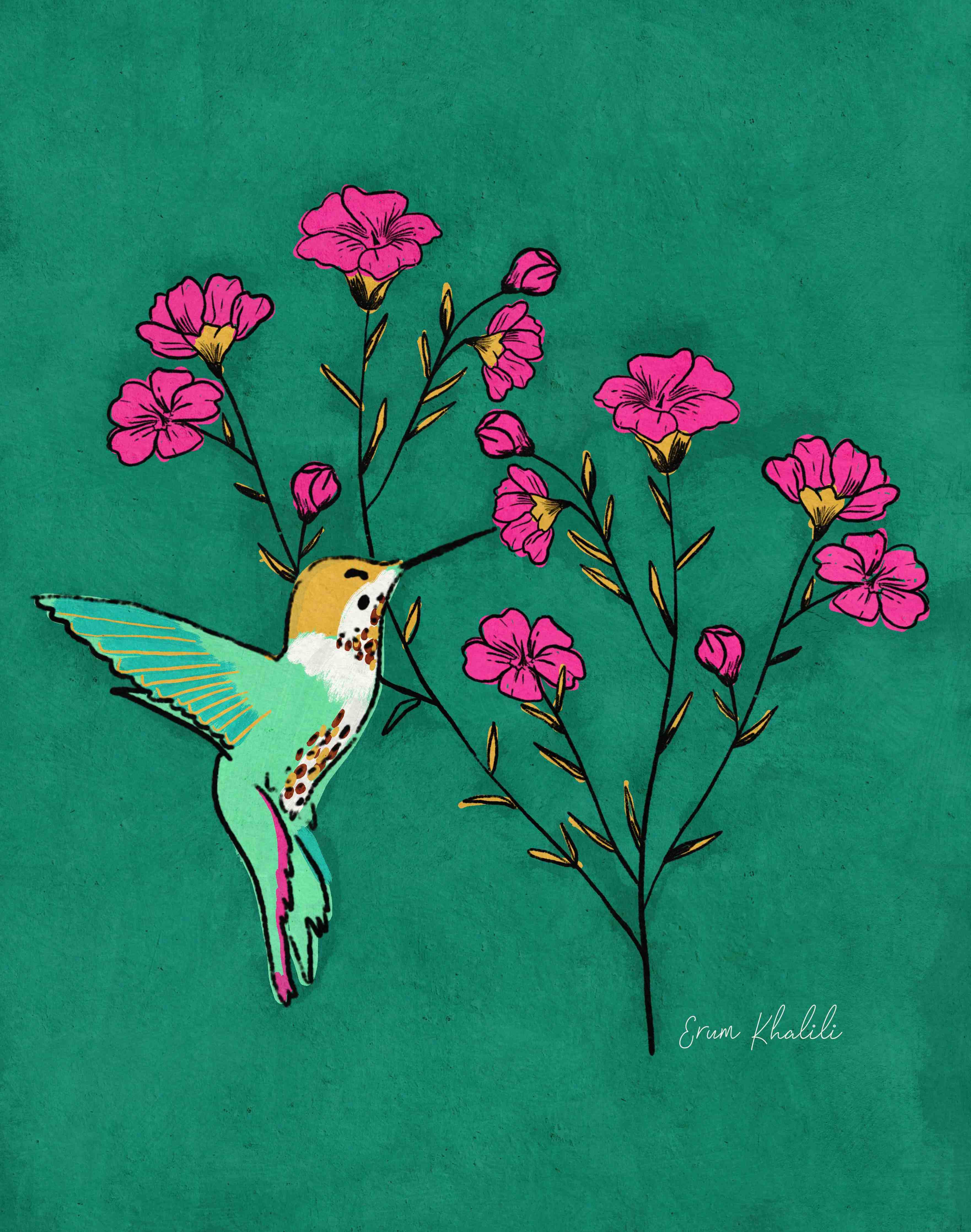 Große Wandbilder-Fröhlicher Kolibri mit pinken Blumen