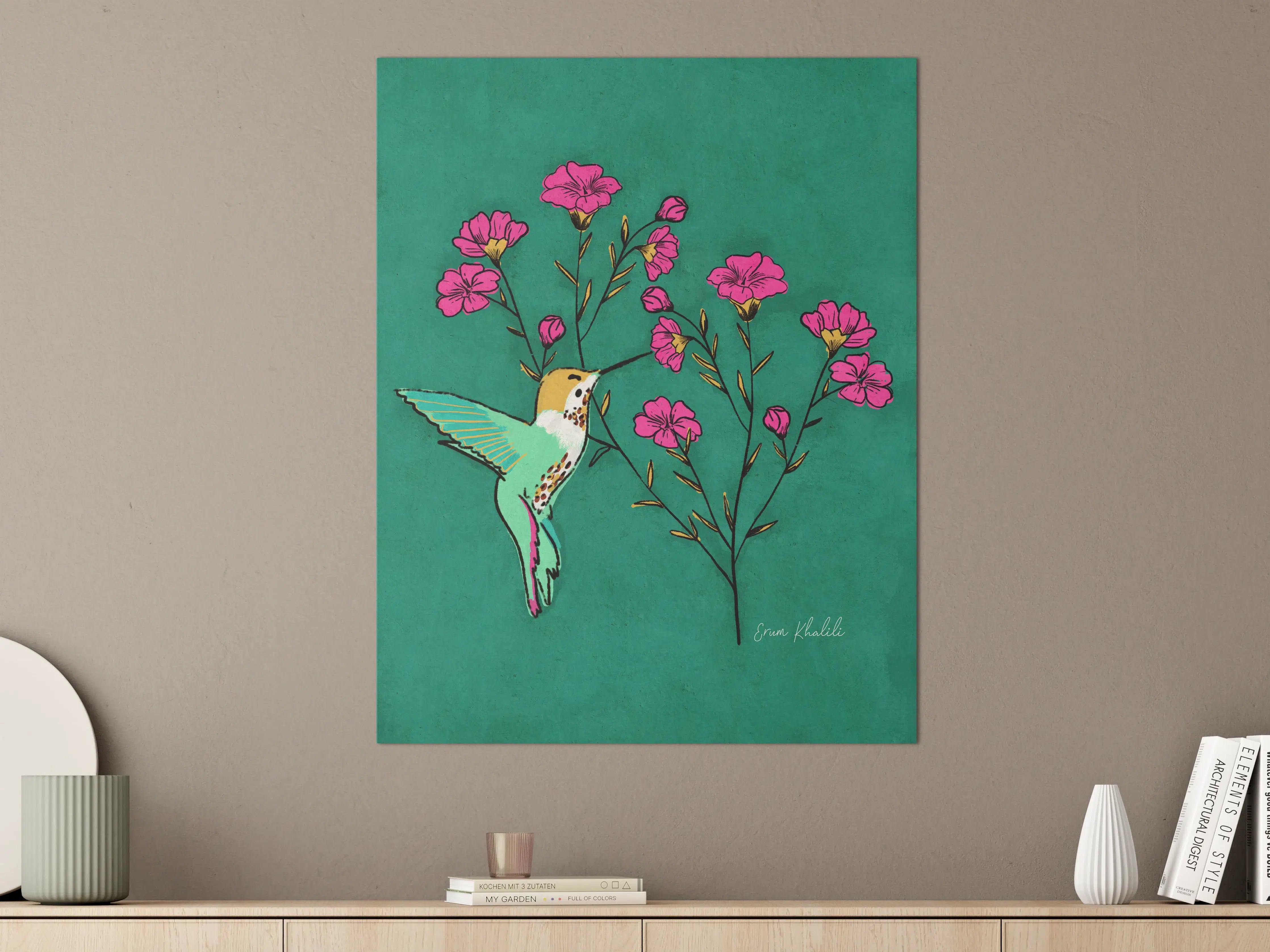 Große Wandbilder - Fröhlicher Kolibri mit pinken Blumen