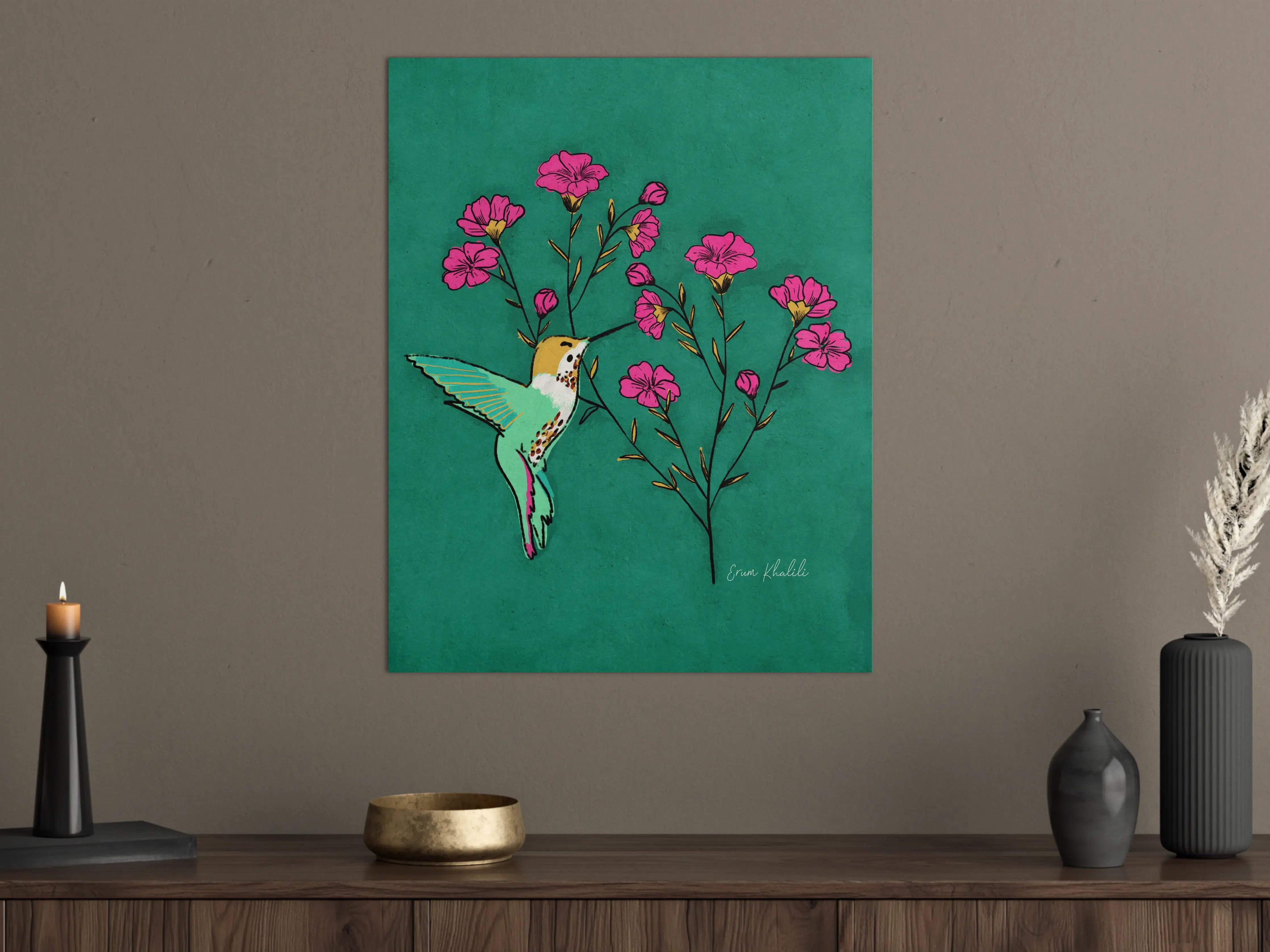 Große Wandbilder - Fröhlicher Kolibri mit pinken Blumen