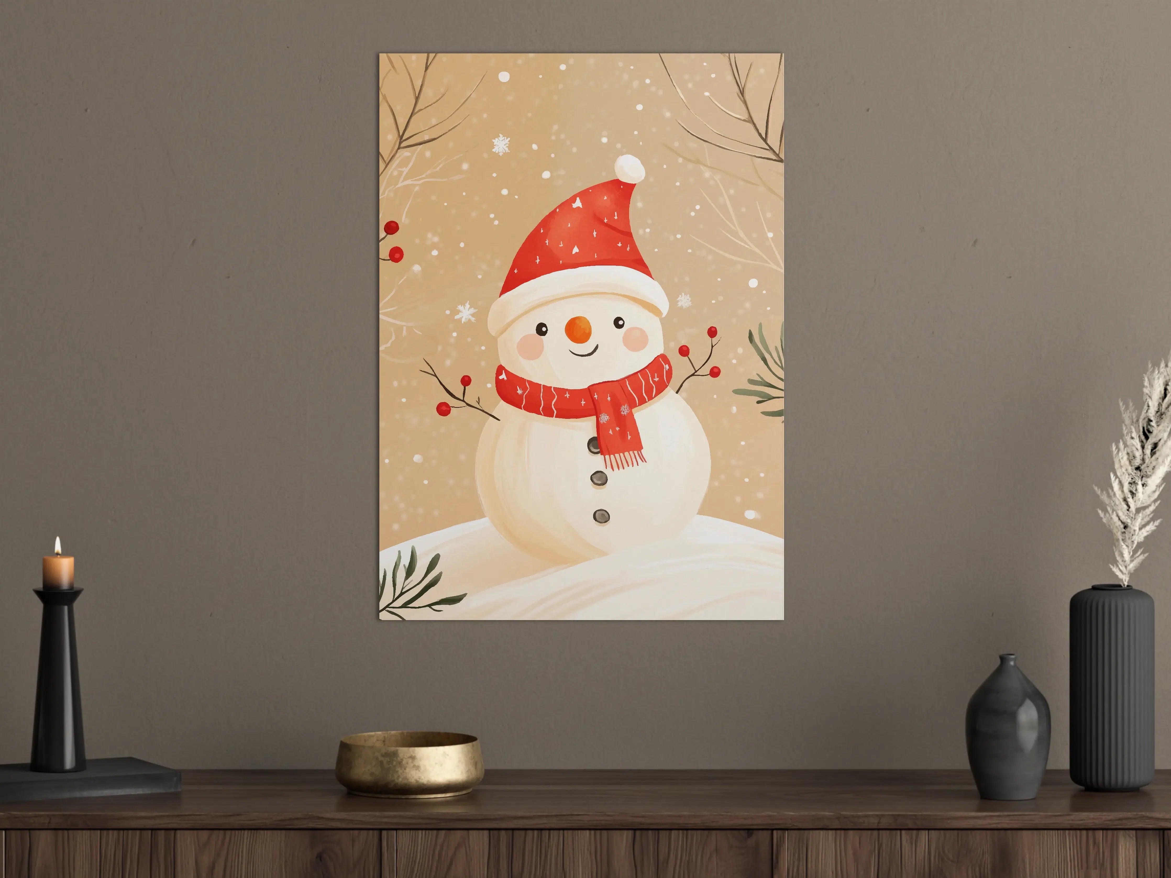Große Wandbilder - Fröhlicher Schneemann mit roter Mütze und Schal