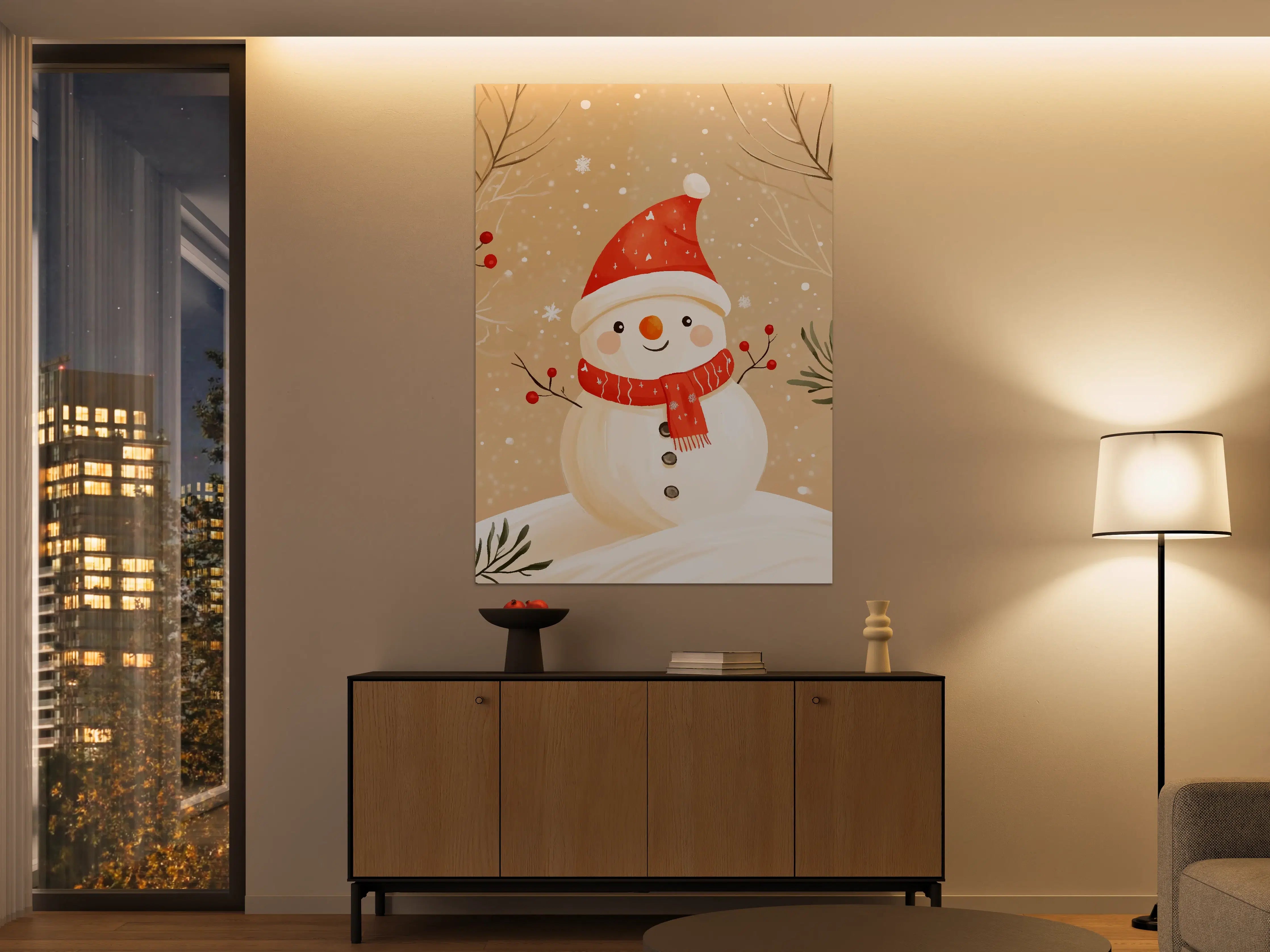 Große Wandbilder - Fröhlicher Schneemann mit roter Mütze und Schal