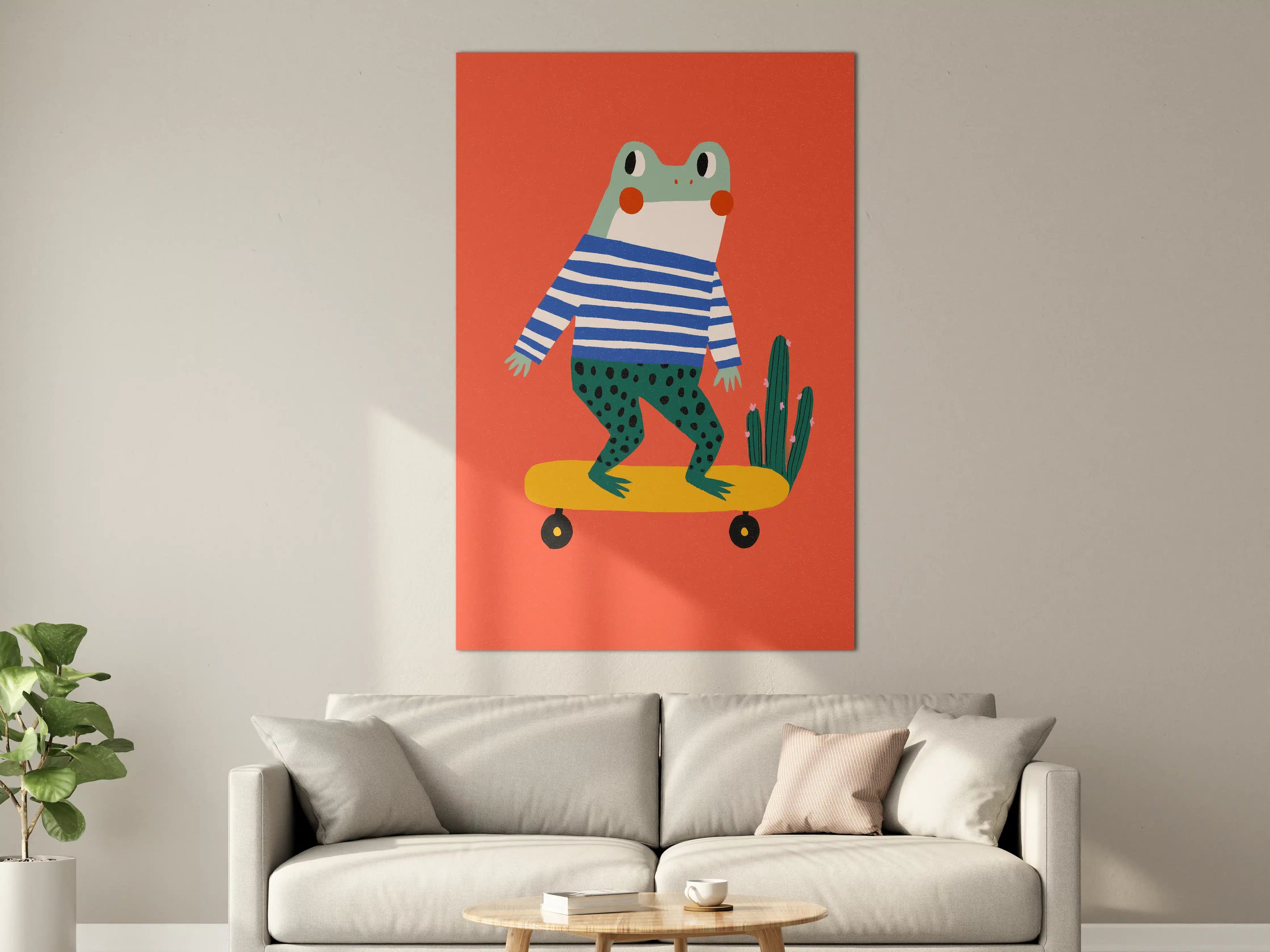 Große Wandbilder - Frosch auf Skateboard vor rotem Hintergrund