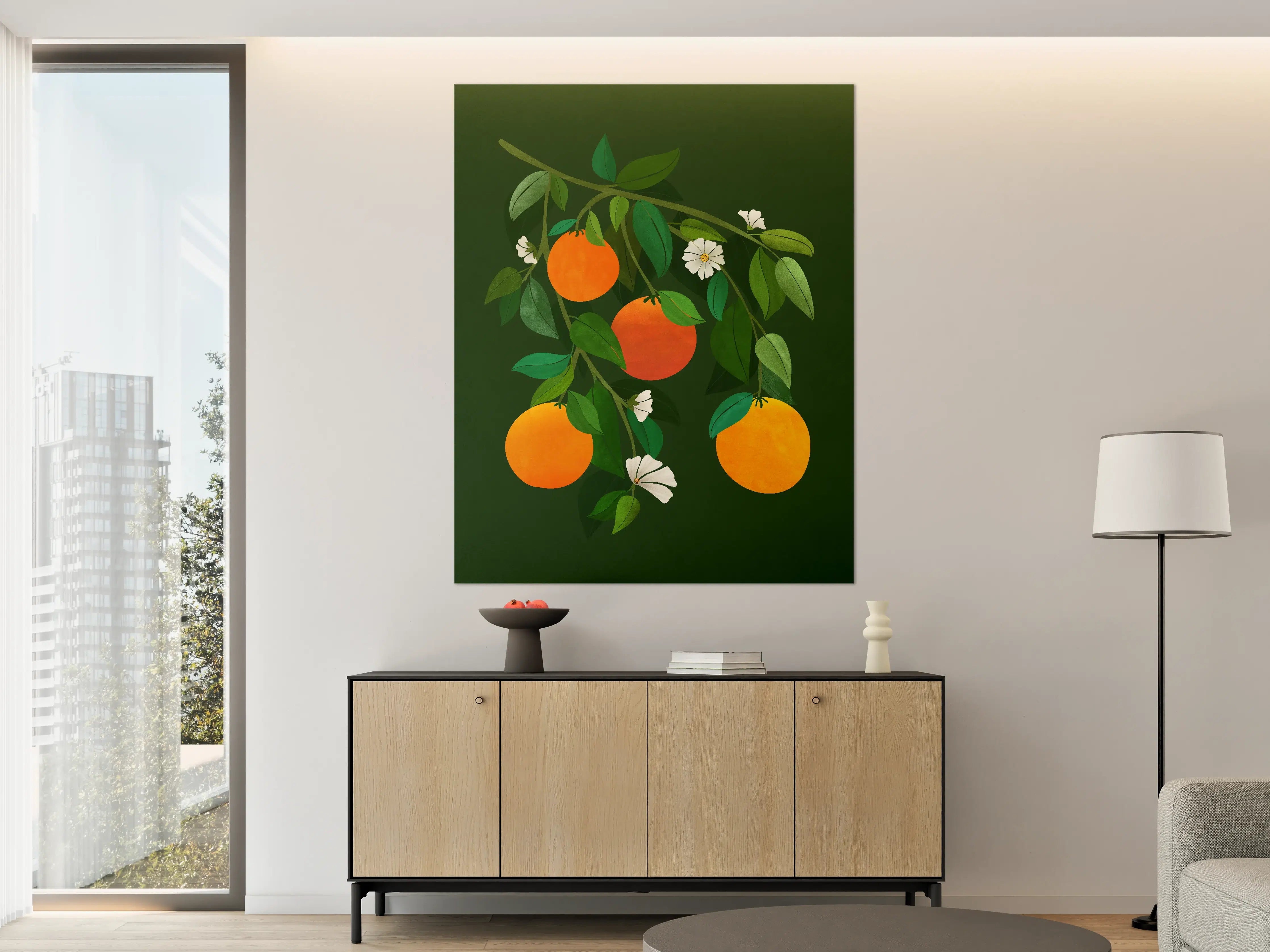 Große Wandbilder - Früchte und weiße Blüten auf dunklem Hintergrund