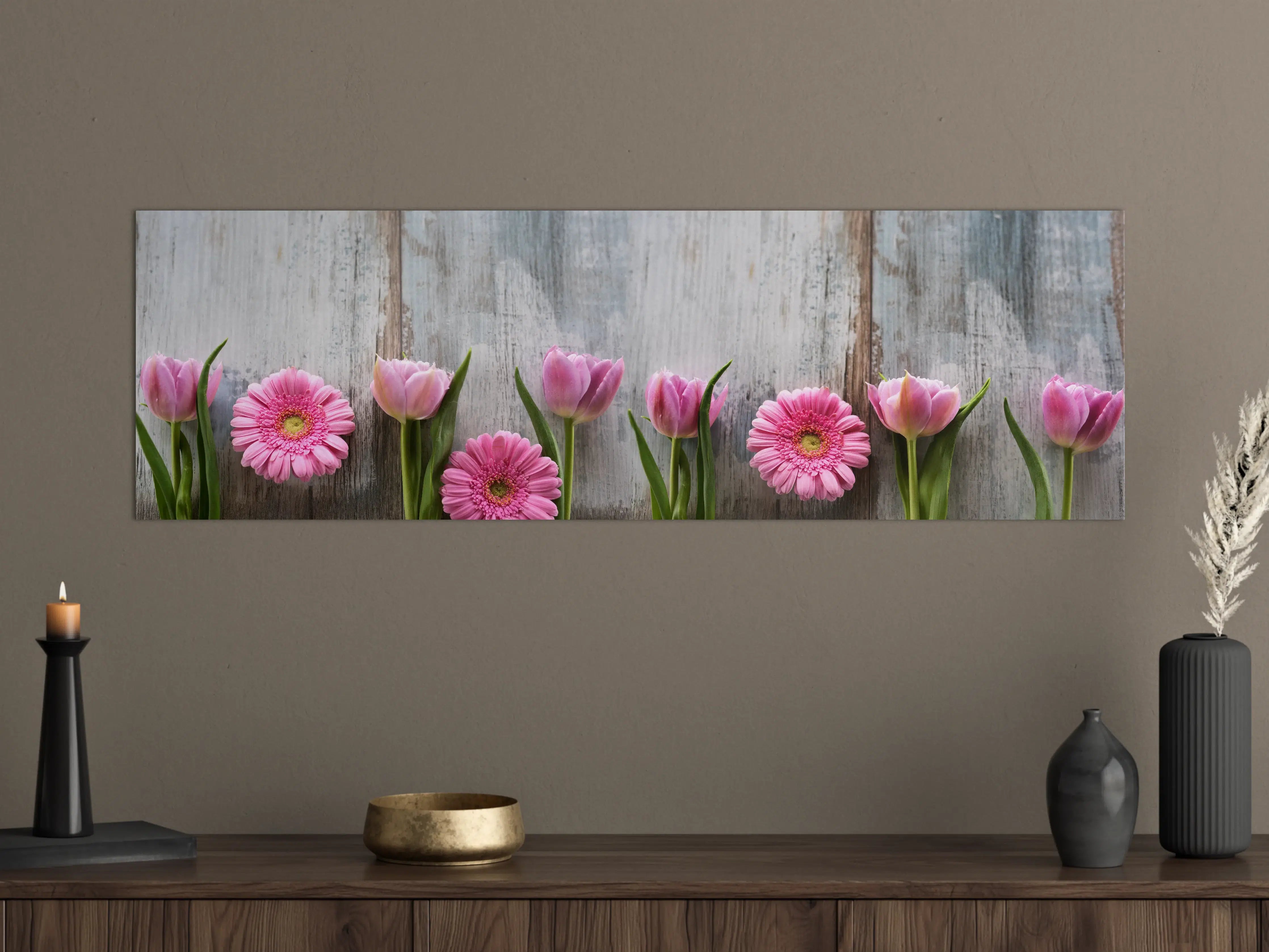 Große Wandbilder - Frühlingsblumen auf schäbigem Holz