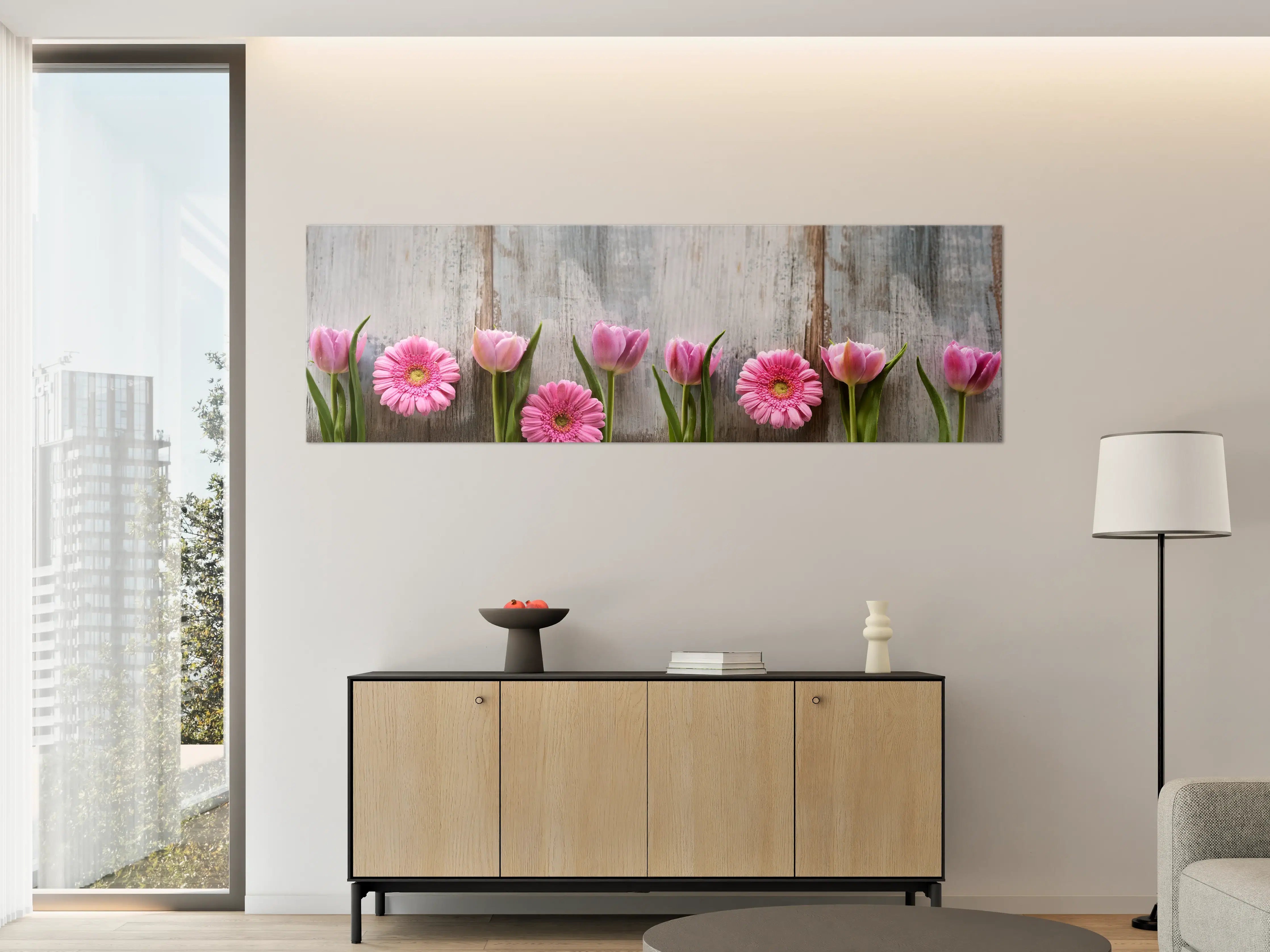 Große Wandbilder - Frühlingsblumen auf schäbigem Holz