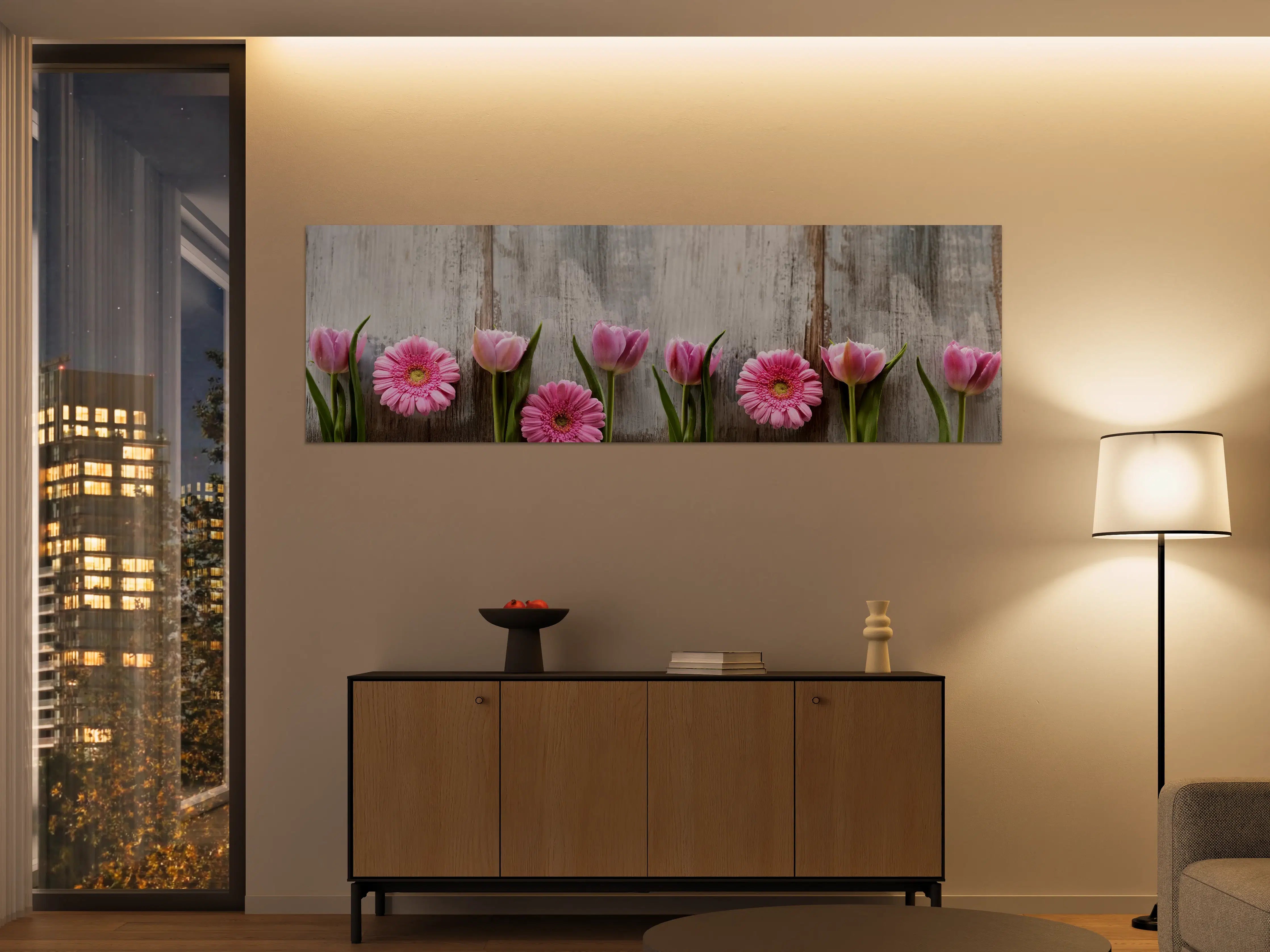 Große Wandbilder - Frühlingsblumen auf schäbigem Holz