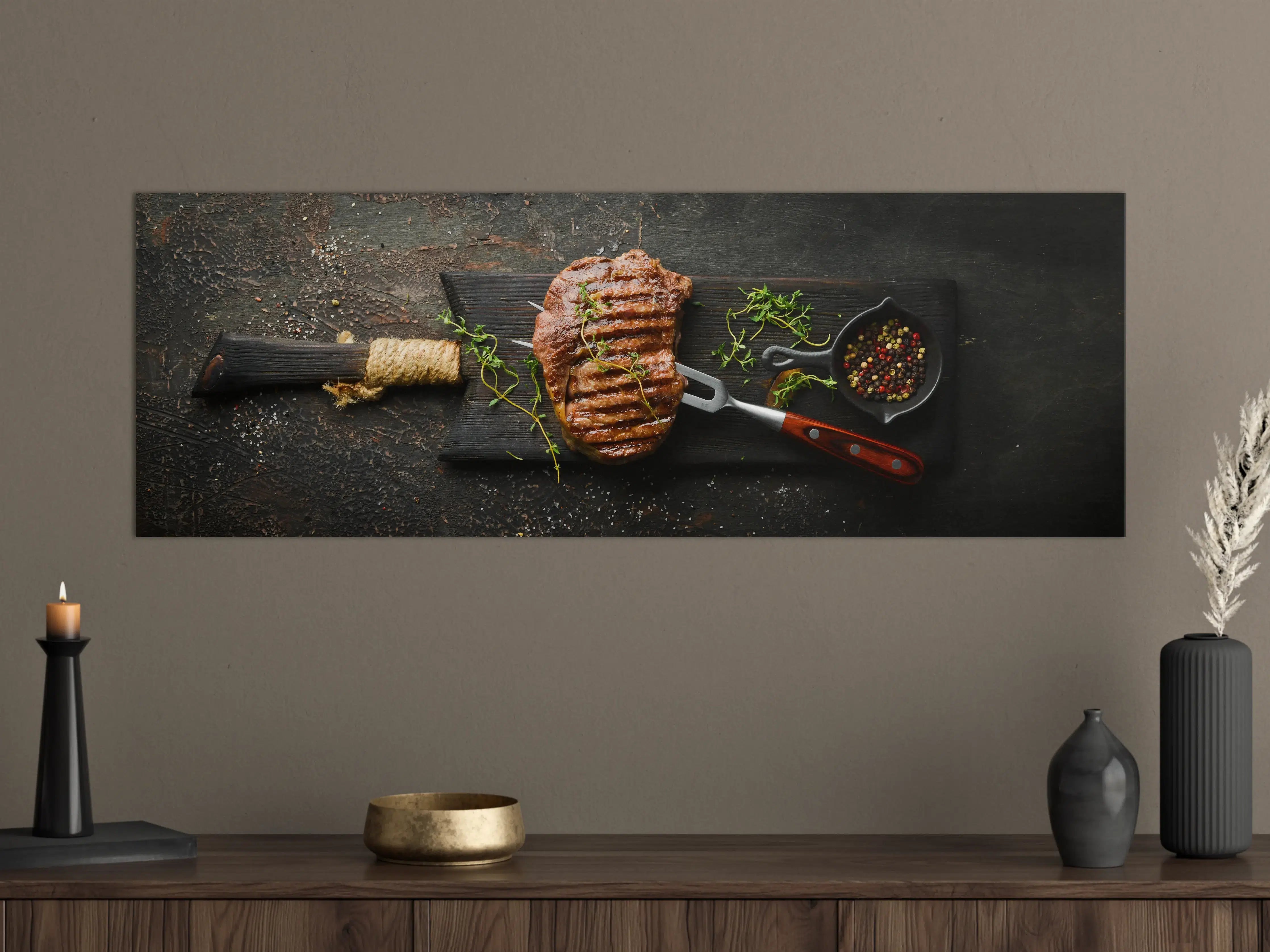 Große Wandbilder - Gegrilltes Ribeye auf Holzplatte