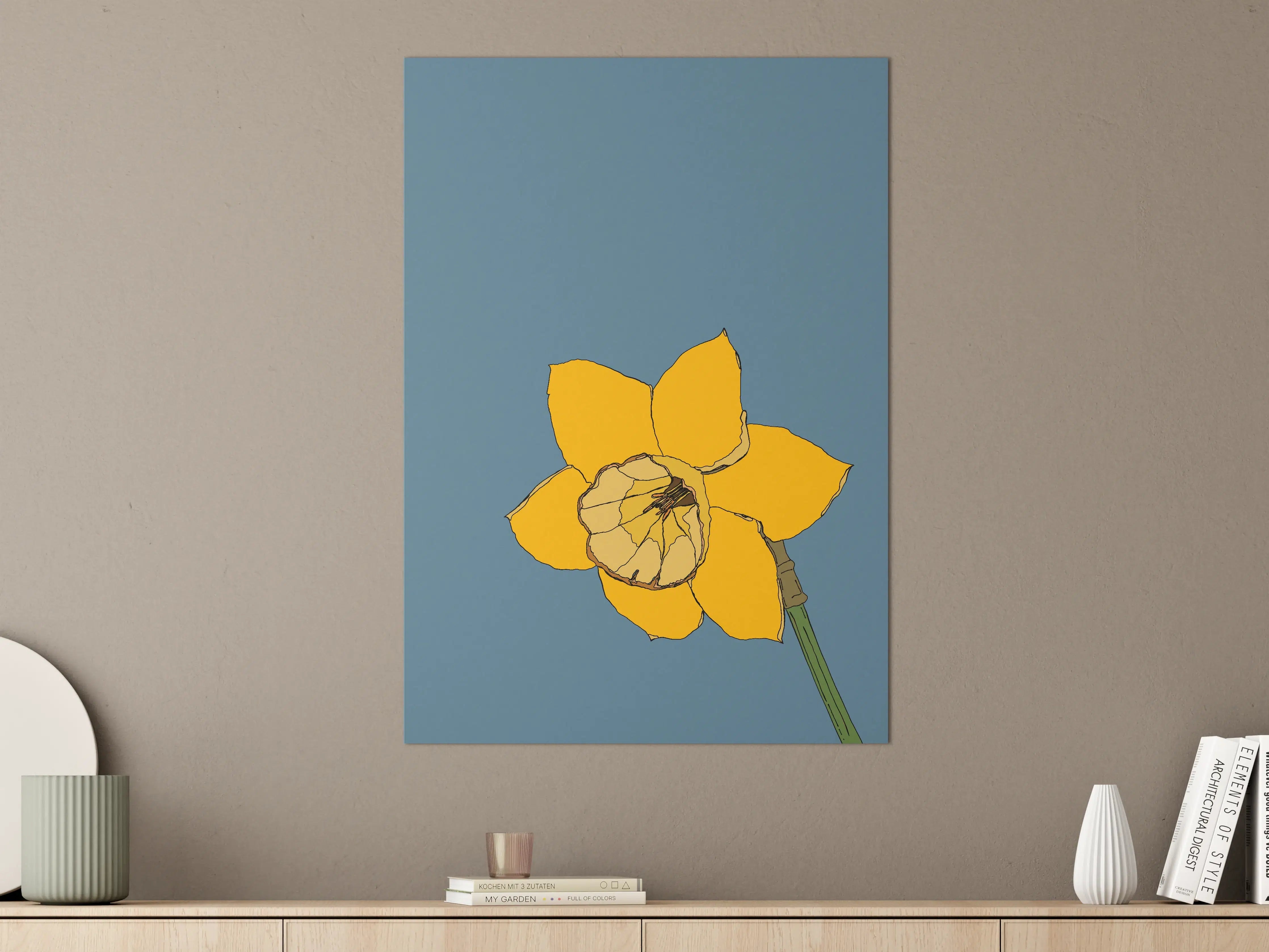 Große Wandbilder - Gelbe Blume mit Schmetterling auf grauem Hintergrund