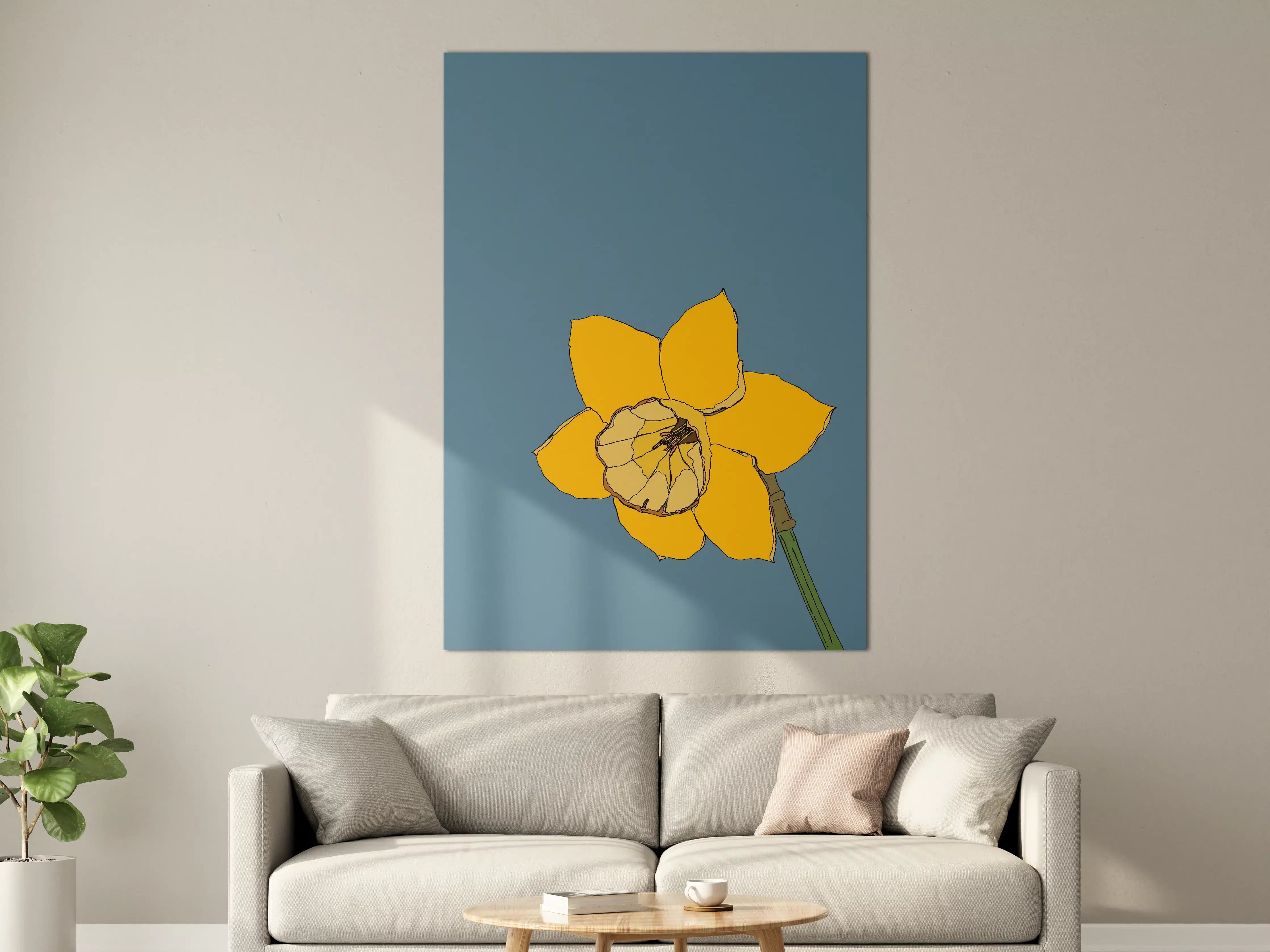 Große Wandbilder - Gelbe Blume mit Schmetterling auf grauem Hintergrund