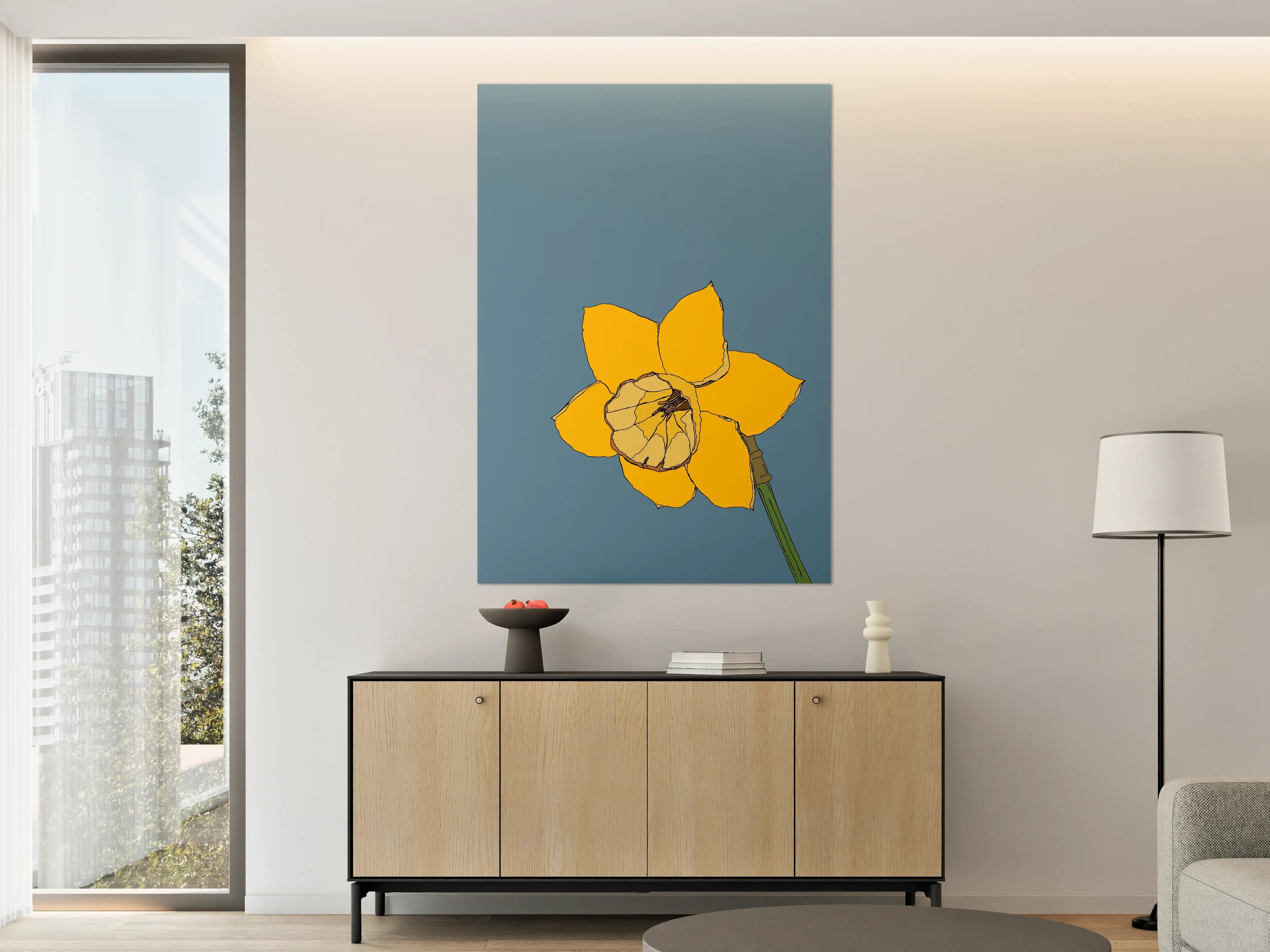 Große Wandbilder - Gelbe Blume mit Schmetterling auf grauem Hintergrund