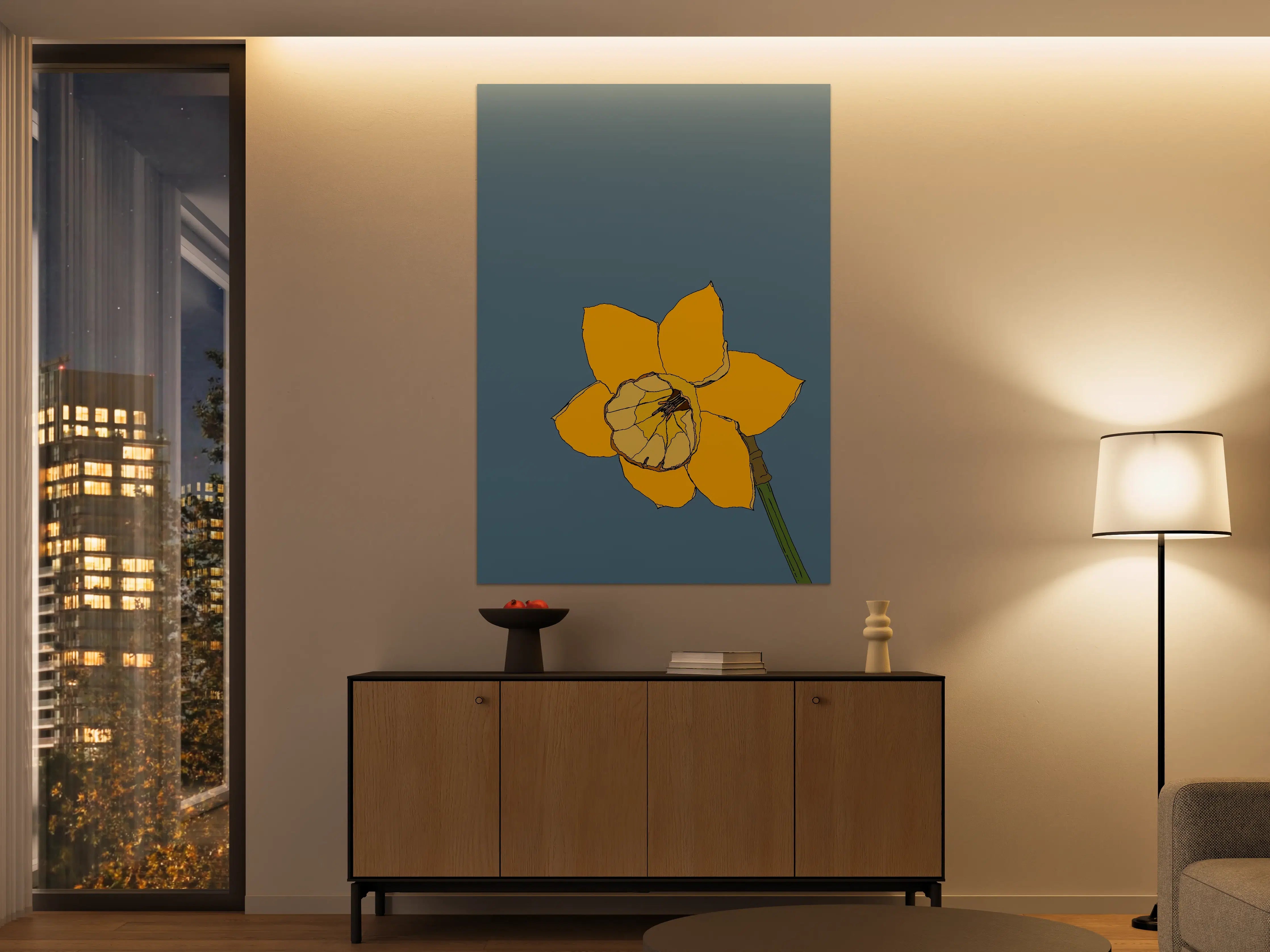 Große Wandbilder - Gelbe Blume mit Schmetterling auf grauem Hintergrund