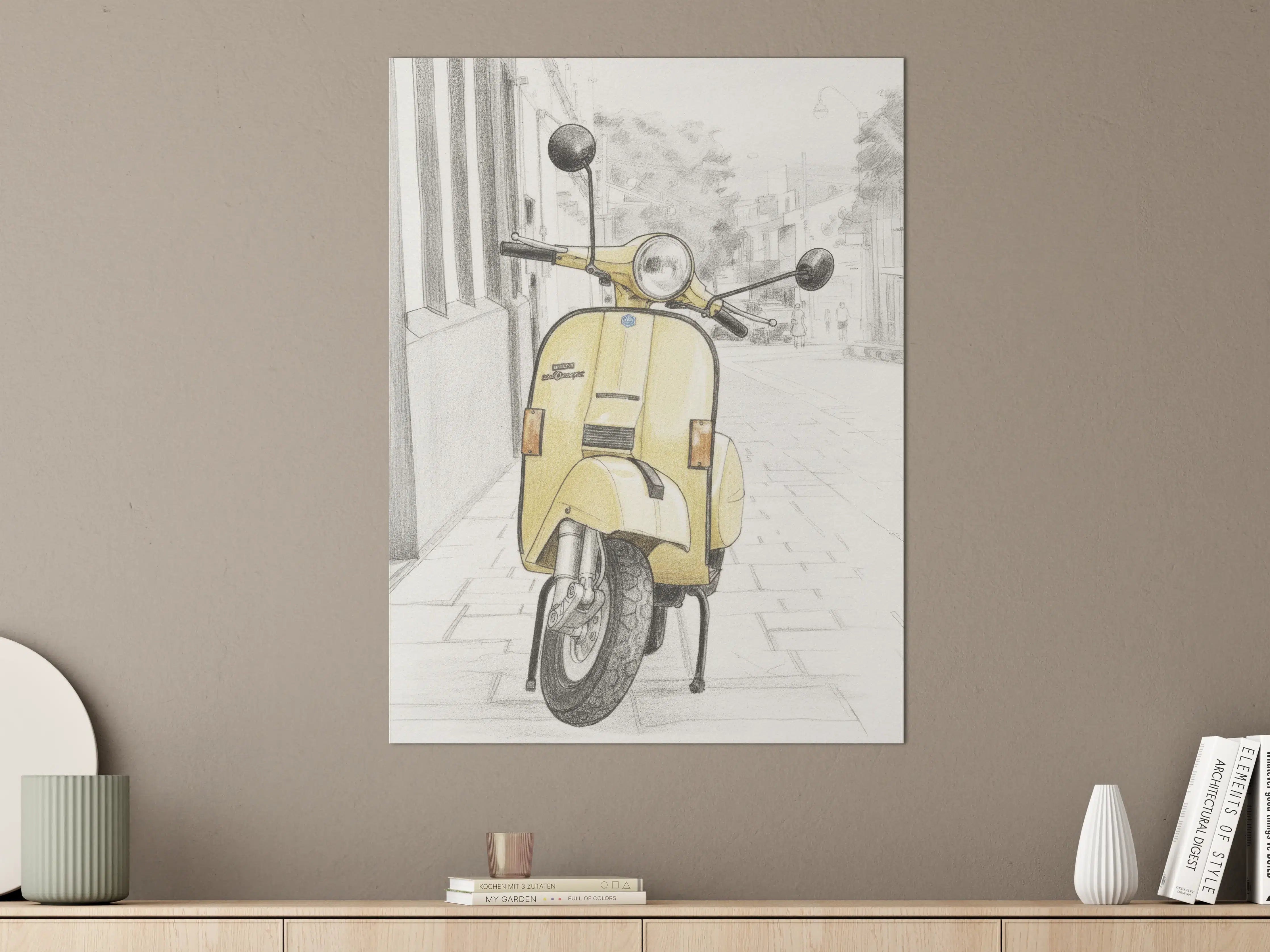 Große Wandbilder - Gelbe Vespa auf urbaner Straße