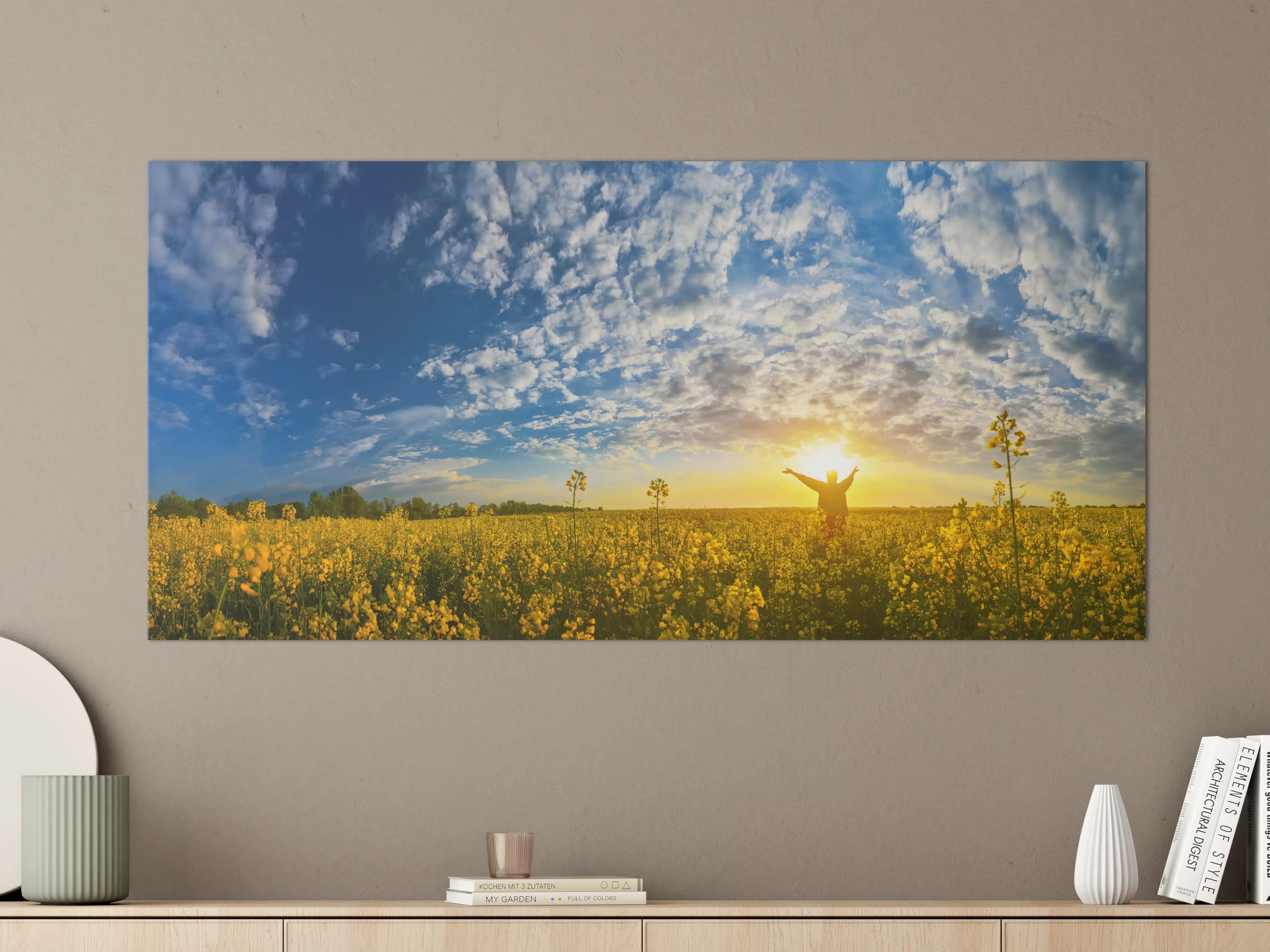Große Wandbilder - Gelbliches Blumenfeld am Morgen