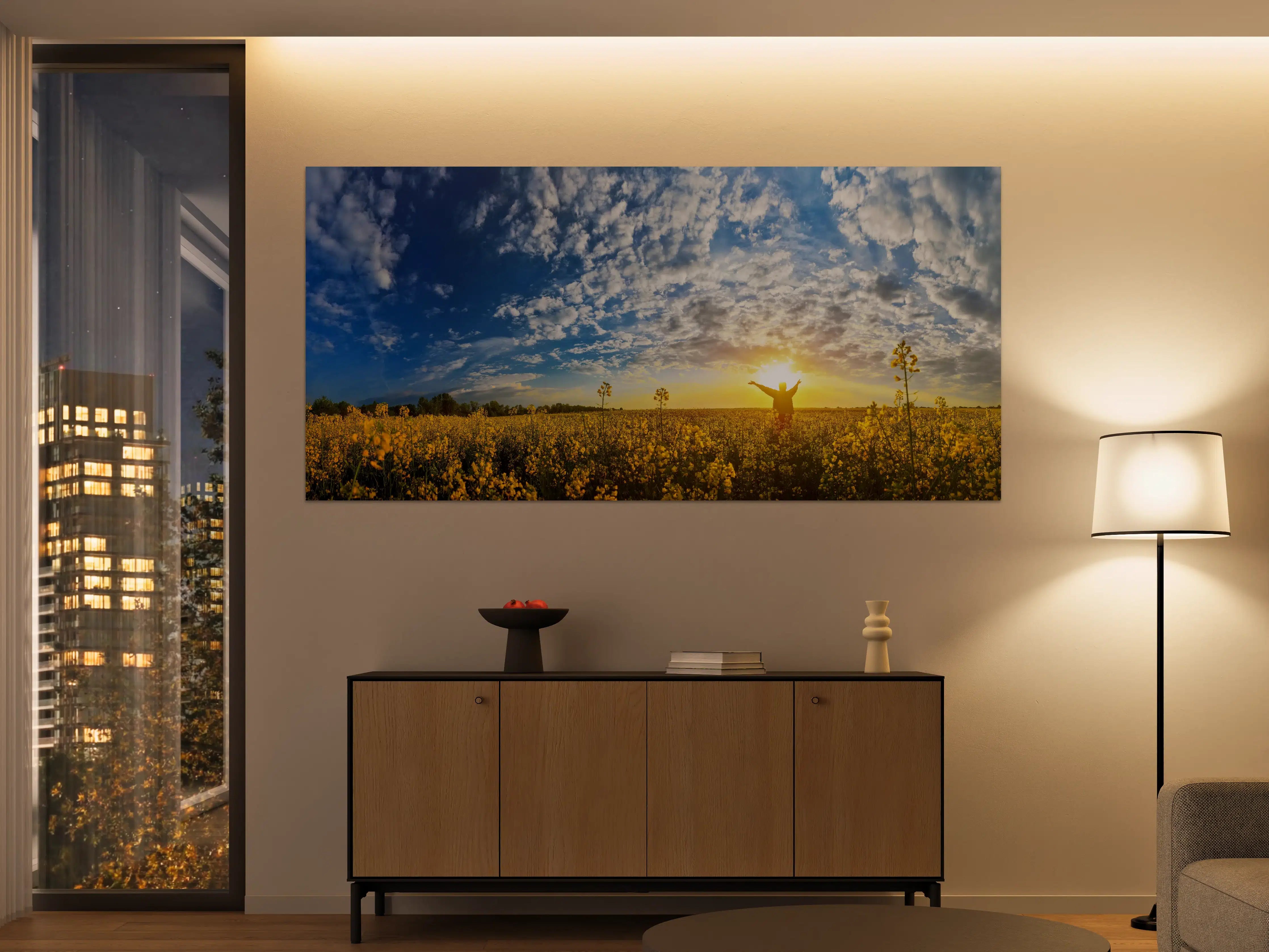Große Wandbilder - Gelbliches Blumenfeld am Morgen