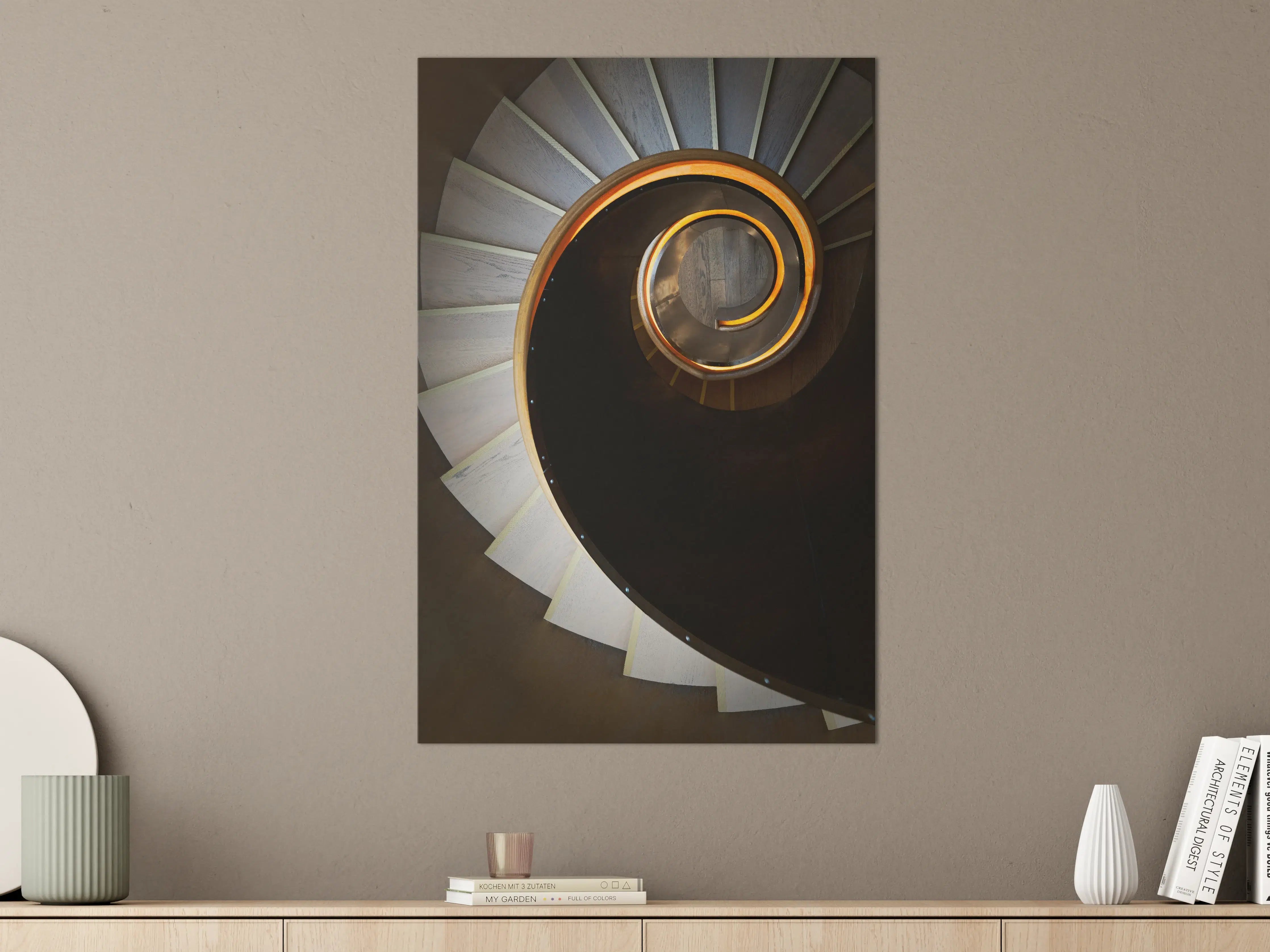 Große Wandbilder - Geometrische Spiralstufen in Orange-Schwarz