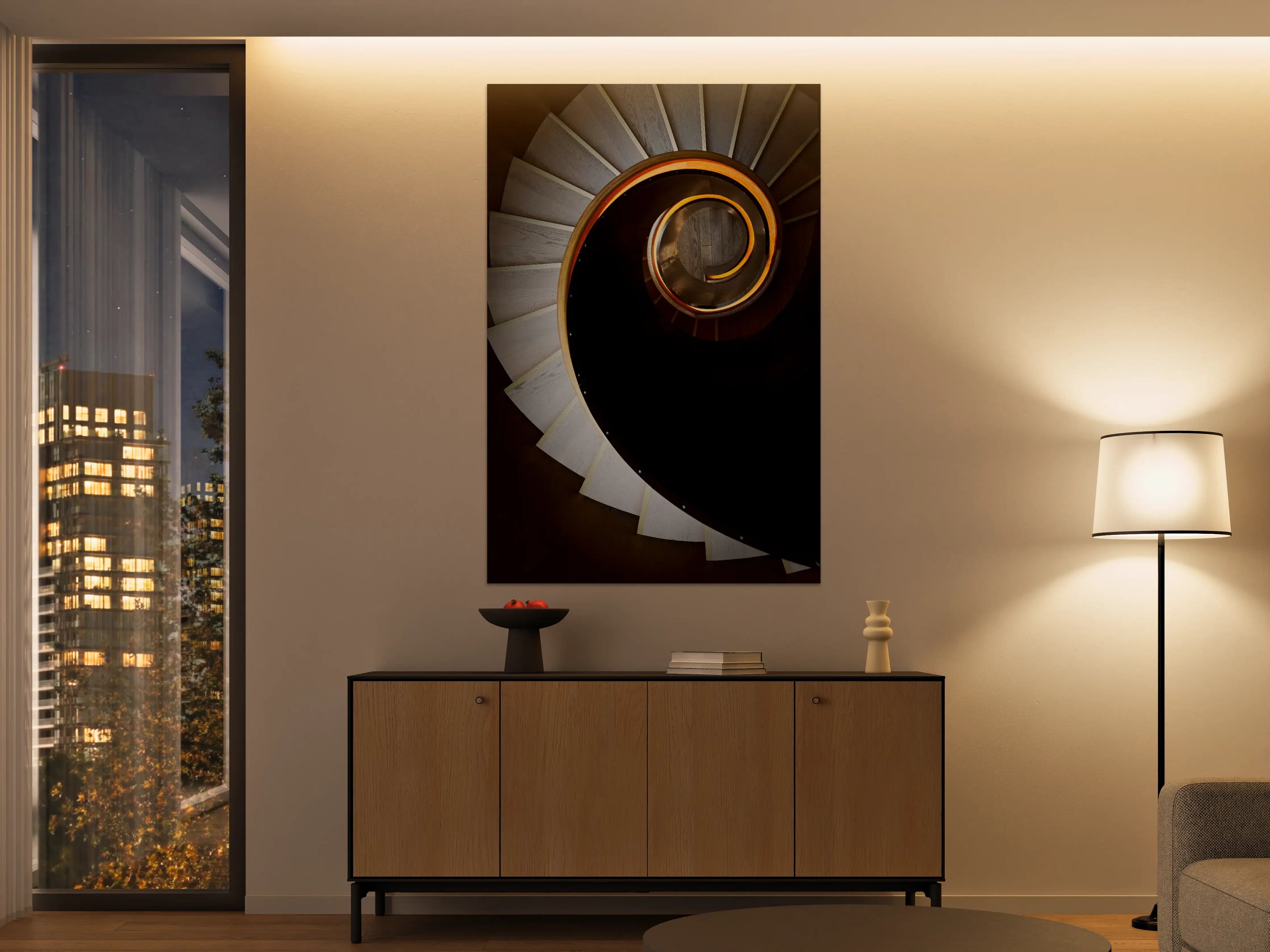 Große Wandbilder - Geometrische Spiralstufen in Orange-Schwarz