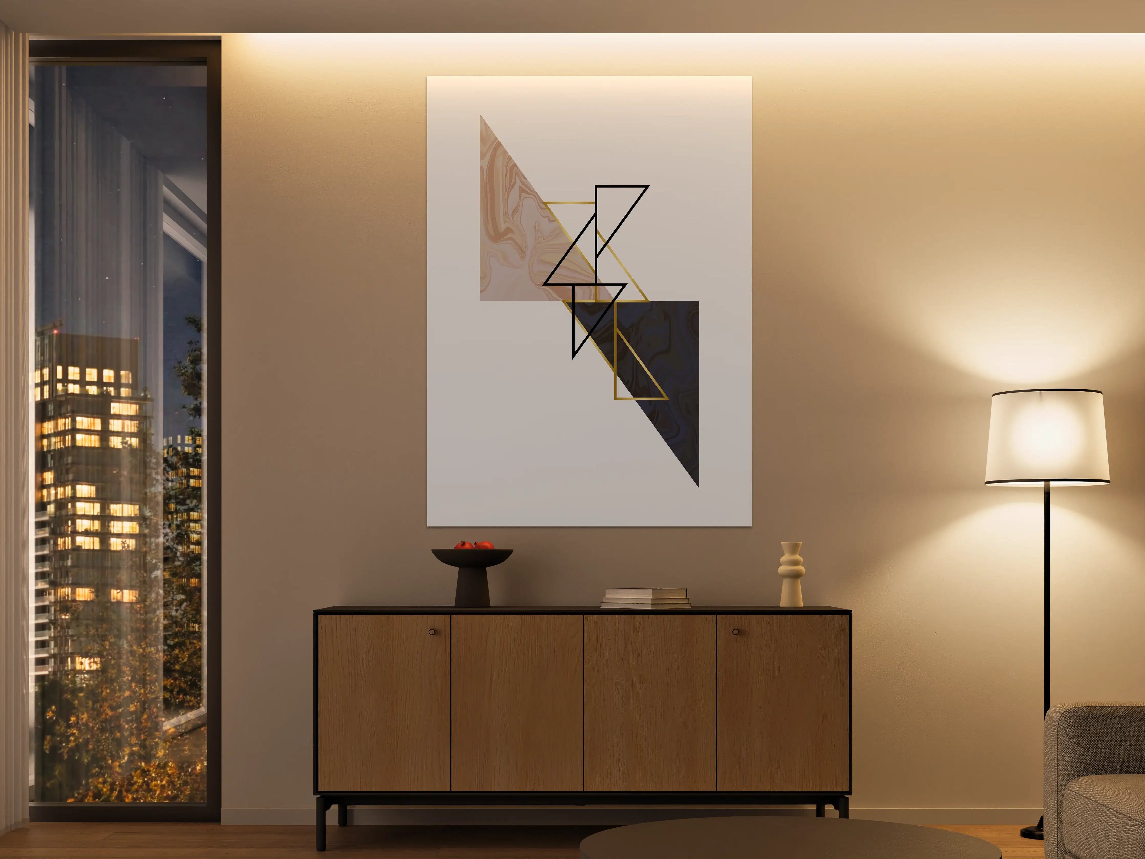 Große Wandbilder - Geometrisches Kunstwerk in Zarten Beige- und Dunkelblau-Tönen