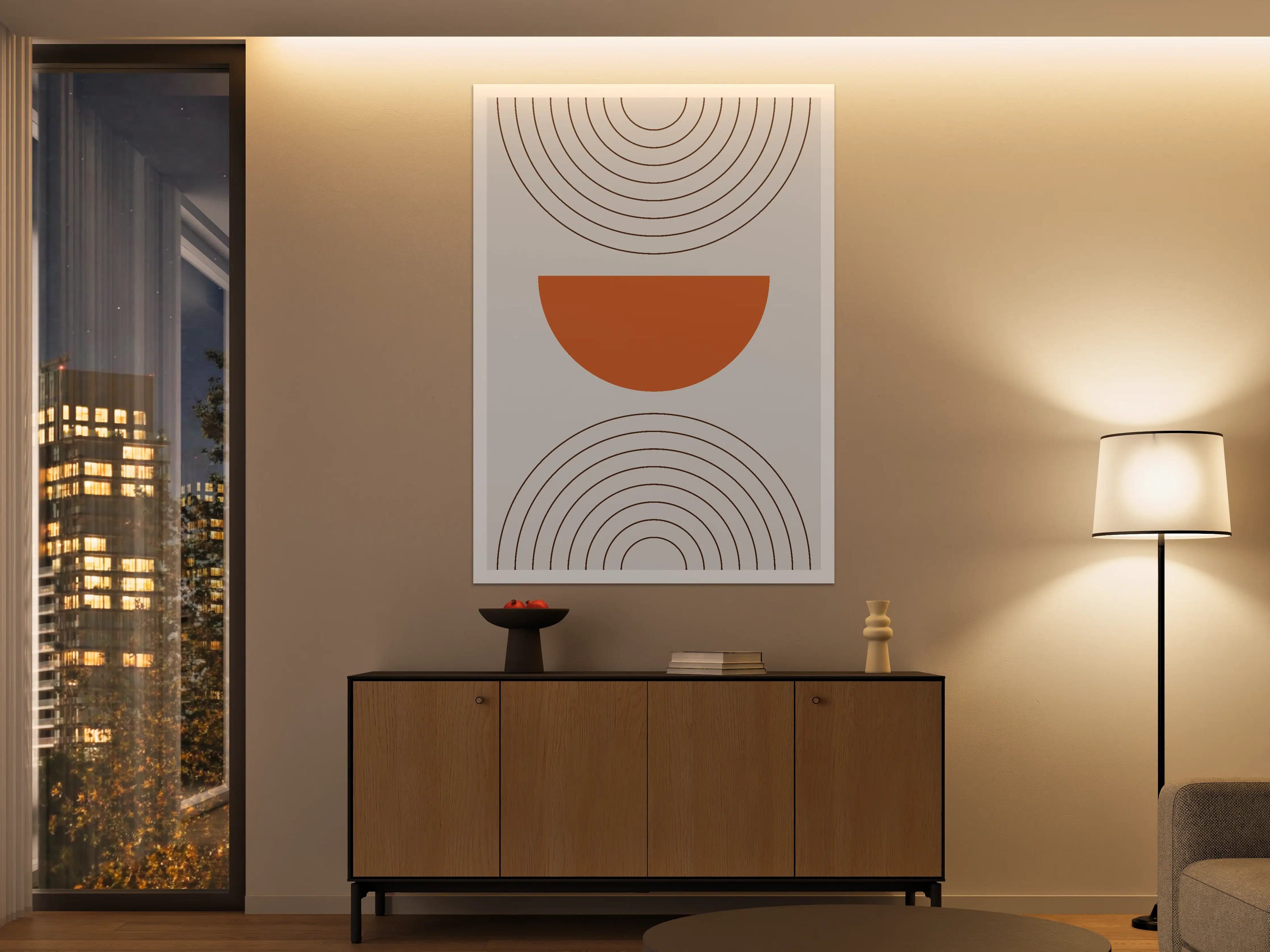 Große Wandbilder - Geometrisches Wandbild mit Kreisen und Halbkreisen in Erde-Tönen