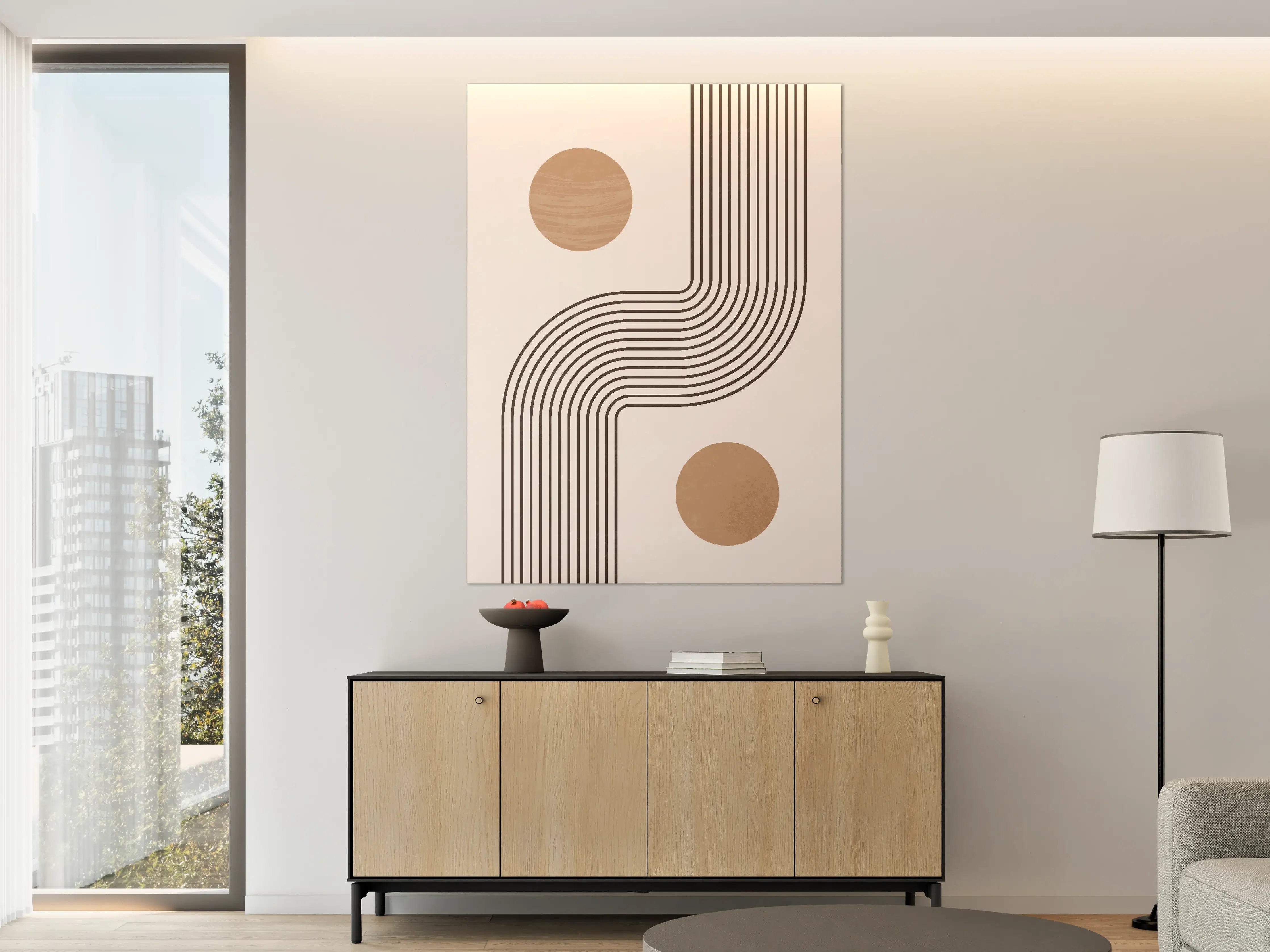 Große Wandbilder - Geometrisches Wandbild mit Linien und Kreisen in Beige und Braun