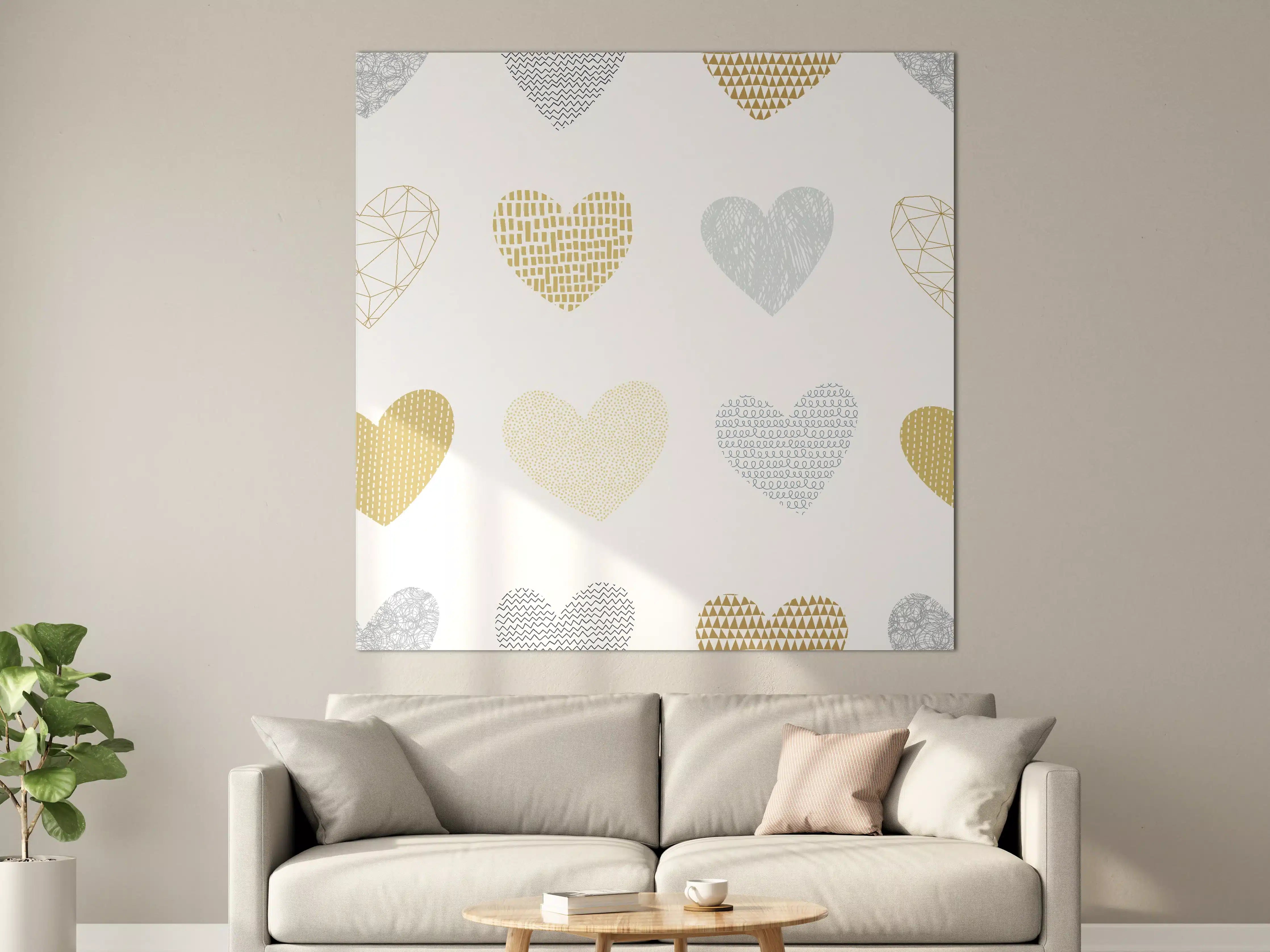 Große Wandbilder - Gold-Grau Herz-Muster Design
