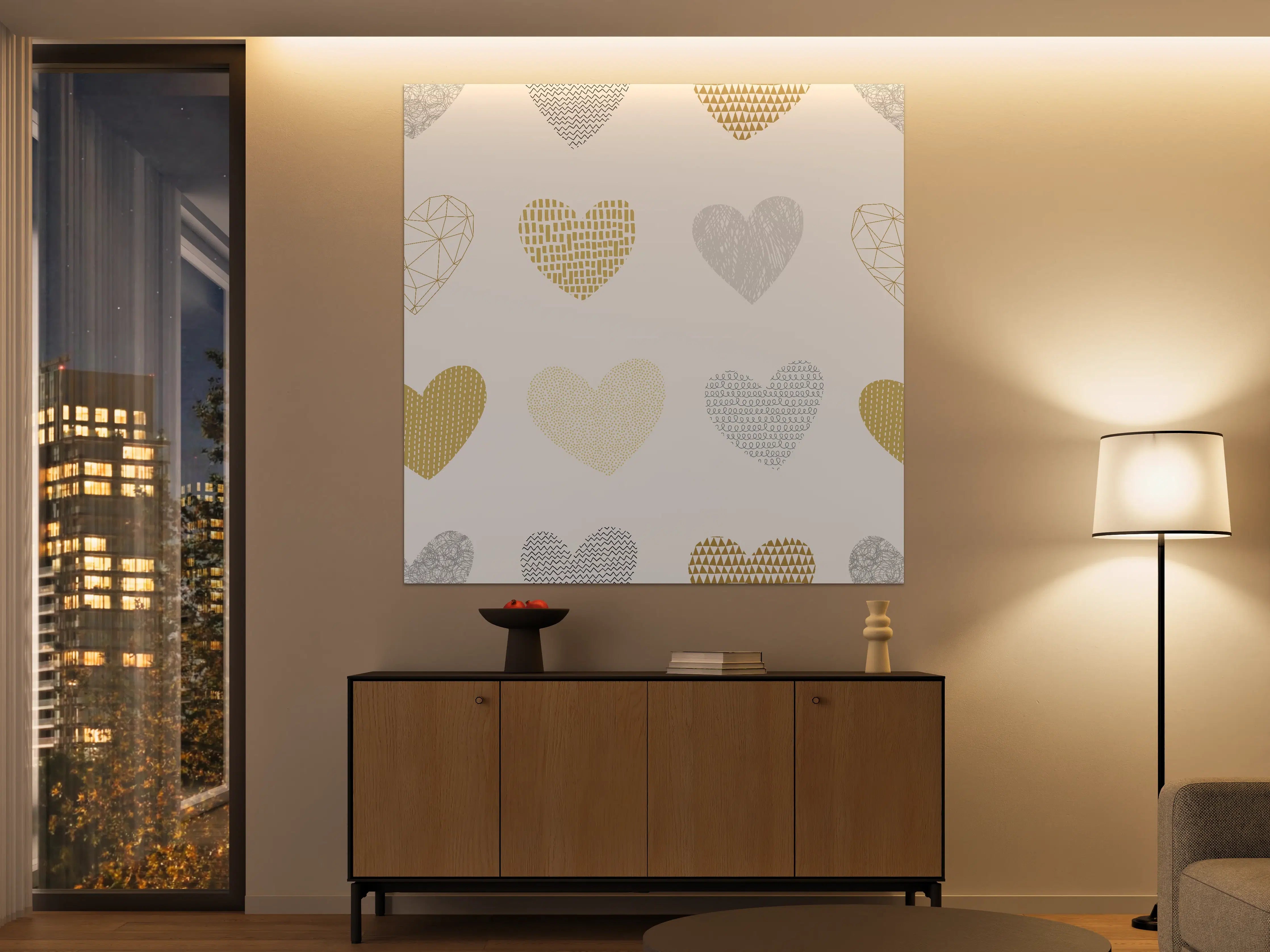 Große Wandbilder - Gold-Grau Herz-Muster Design