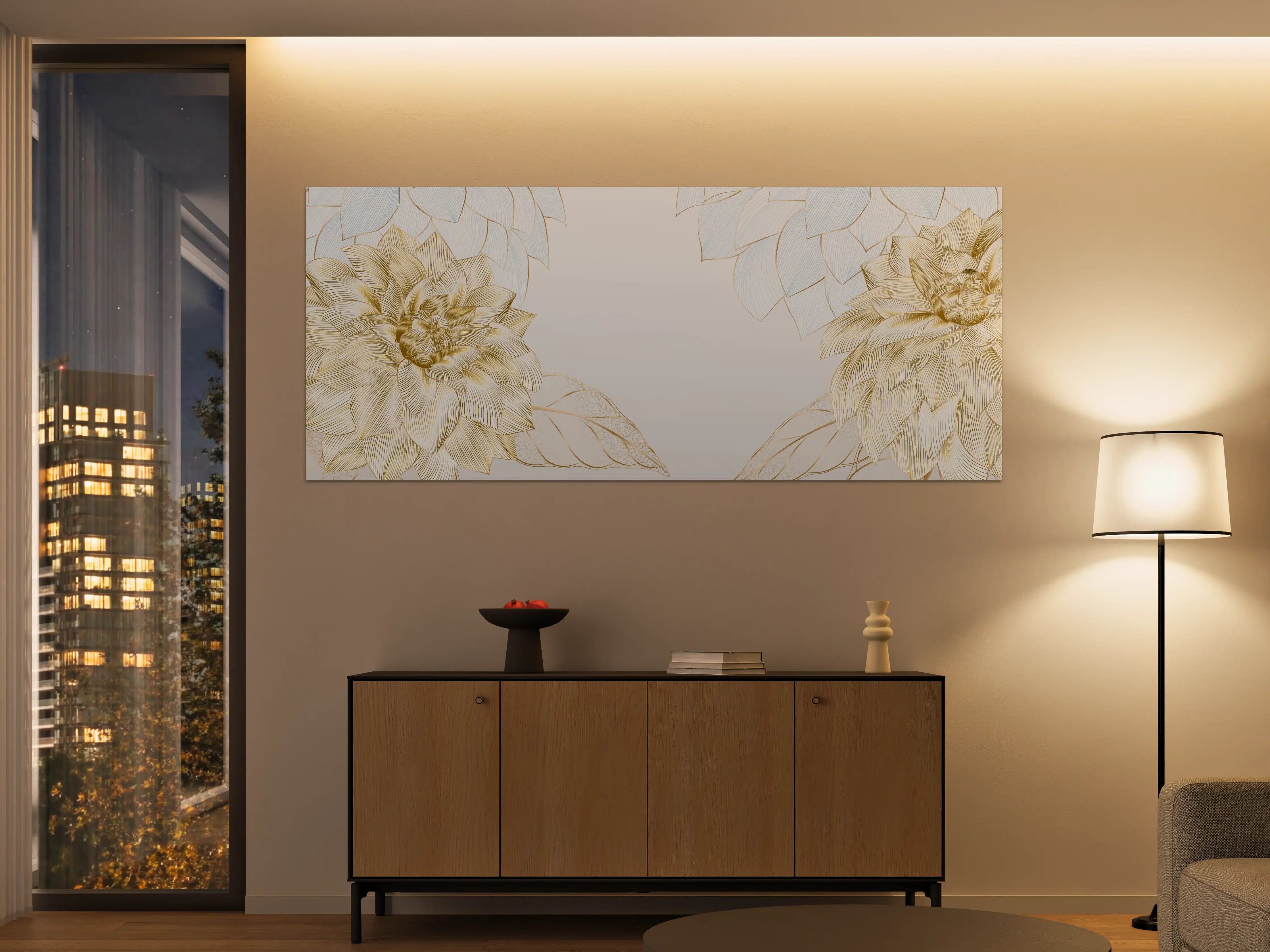 Große Wandbilder - Gold-Weiß Floral Design