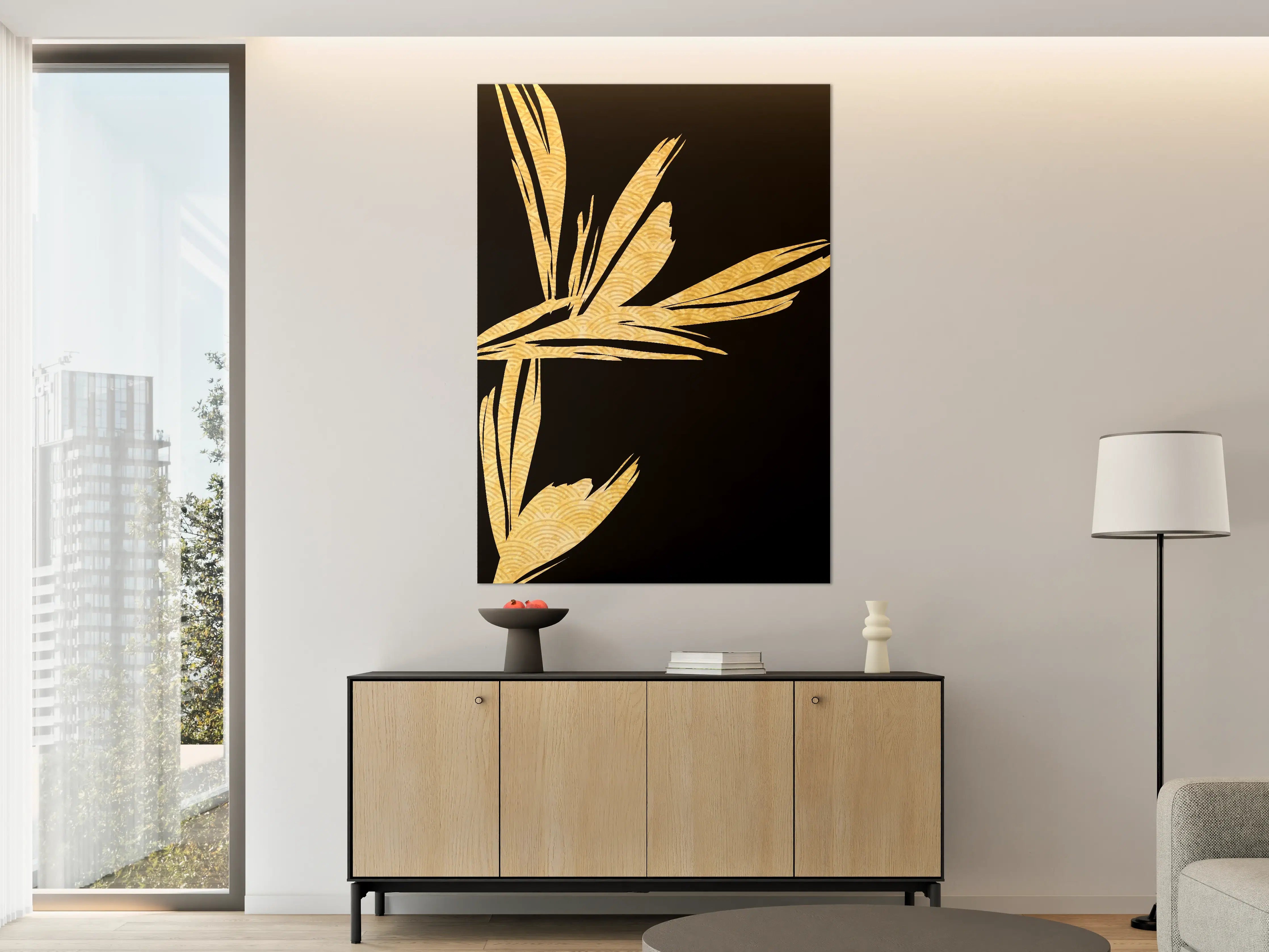 Große Wandbilder - Goldene Bambusblätter auf schwarzem Hintergrund