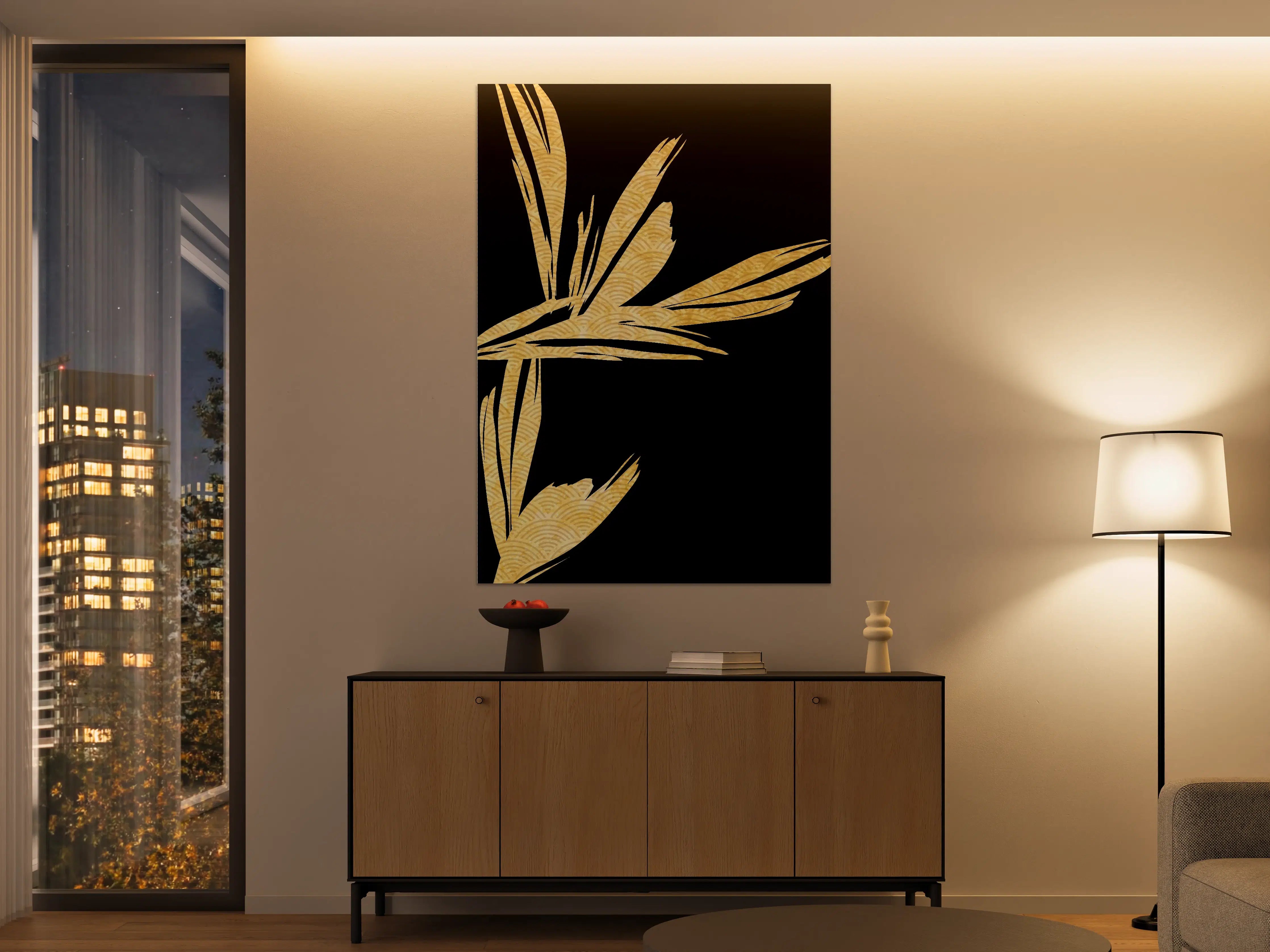 Große Wandbilder - Goldene Bambusblätter auf schwarzem Hintergrund