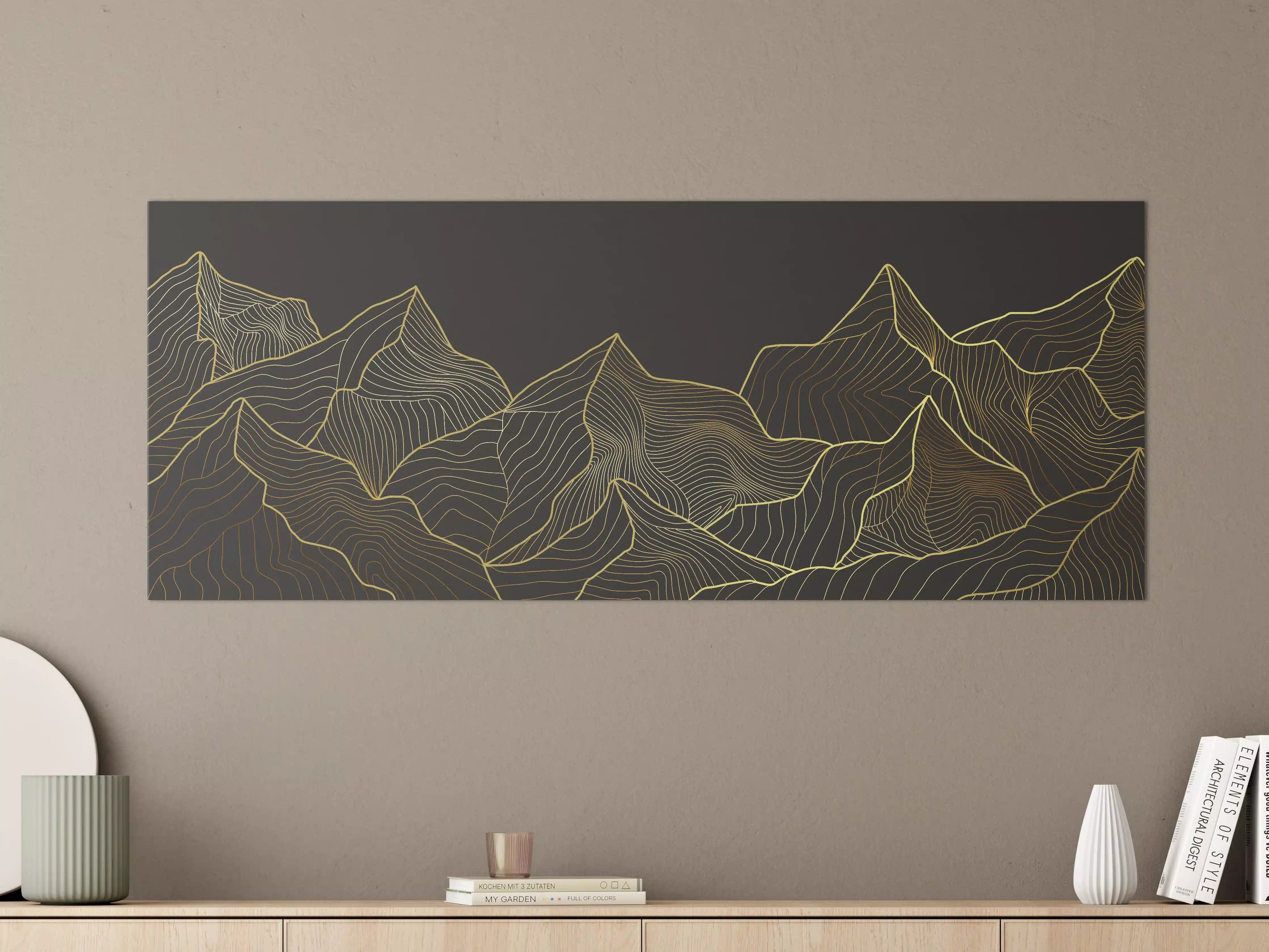 Große Wandbilder - Goldene Berglinien auf Schwarz
