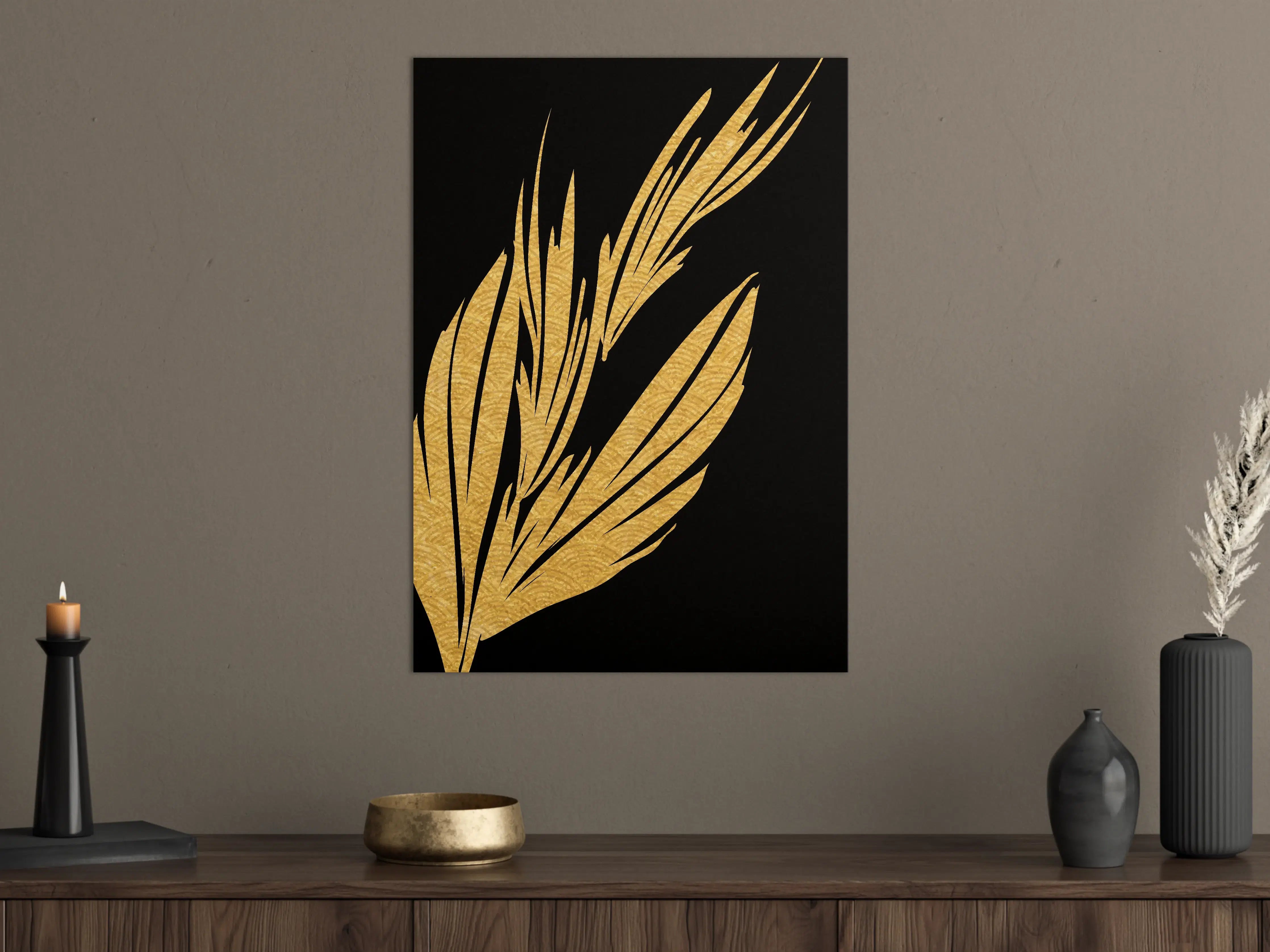 Große Wandbilder - Goldene Blätter auf schwarzem Hintergrund