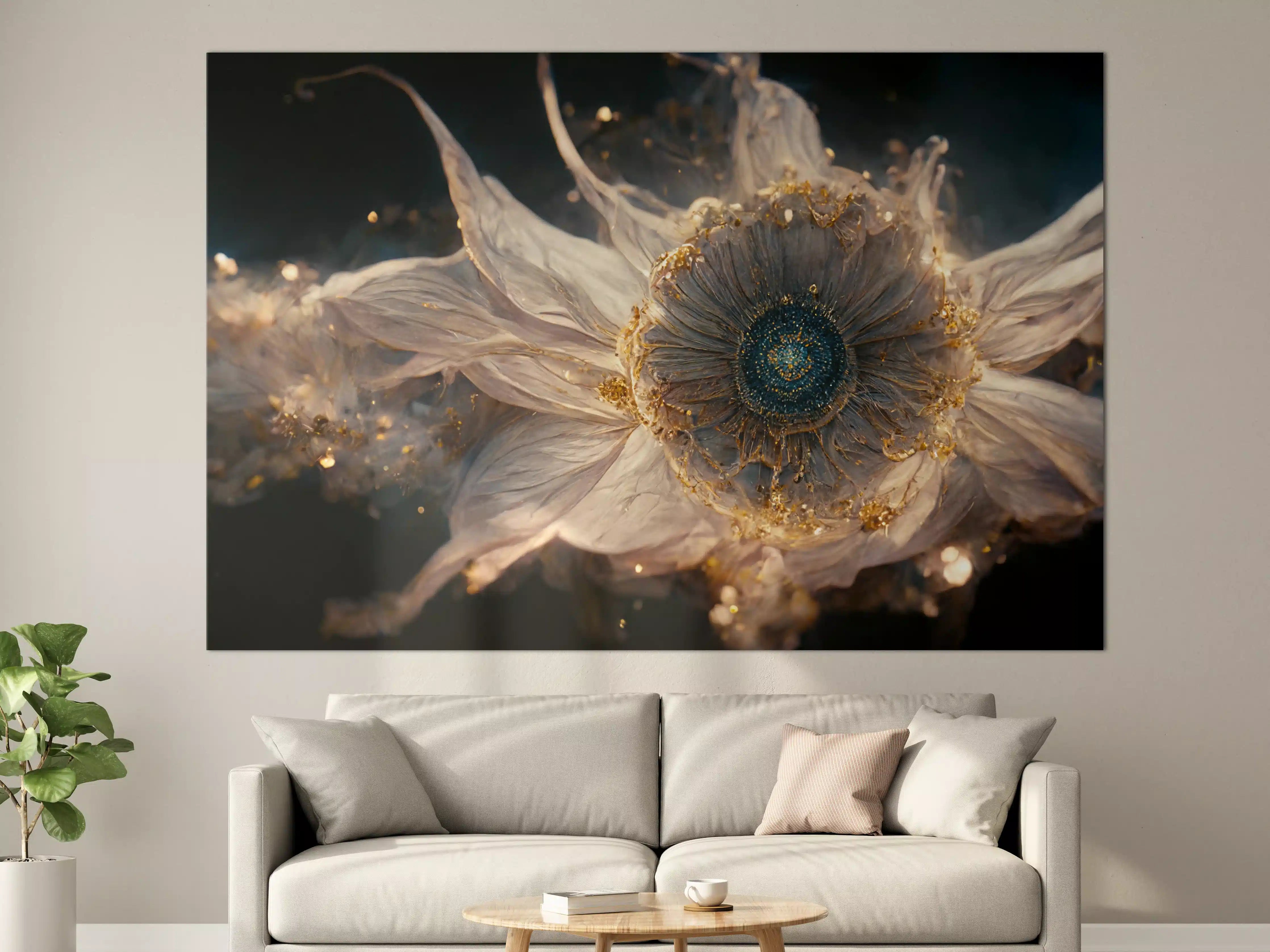 Große Wandbilder - Goldene Blüten in Grauweiß