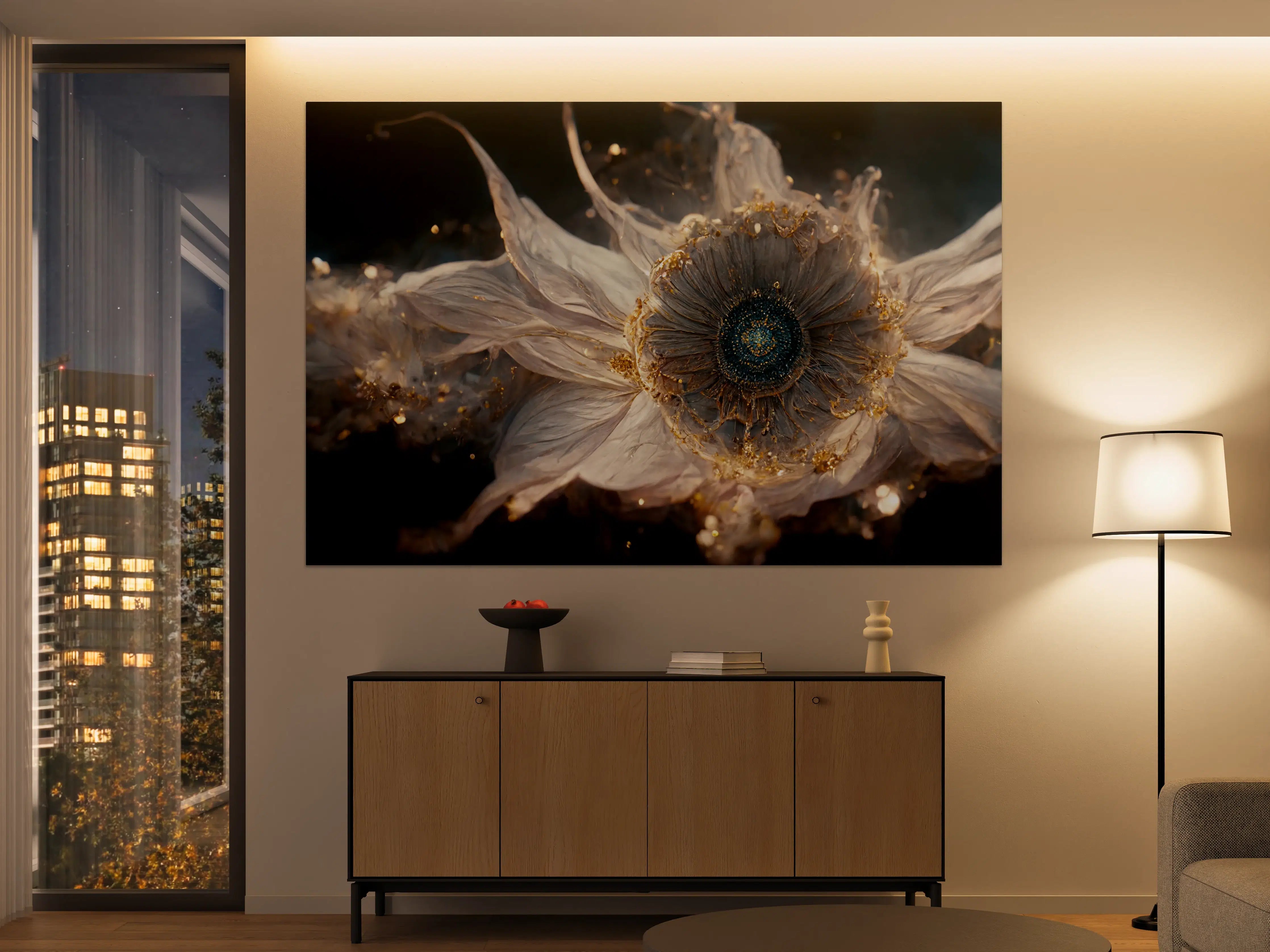 Große Wandbilder - Goldene Blüten in Grauweiß