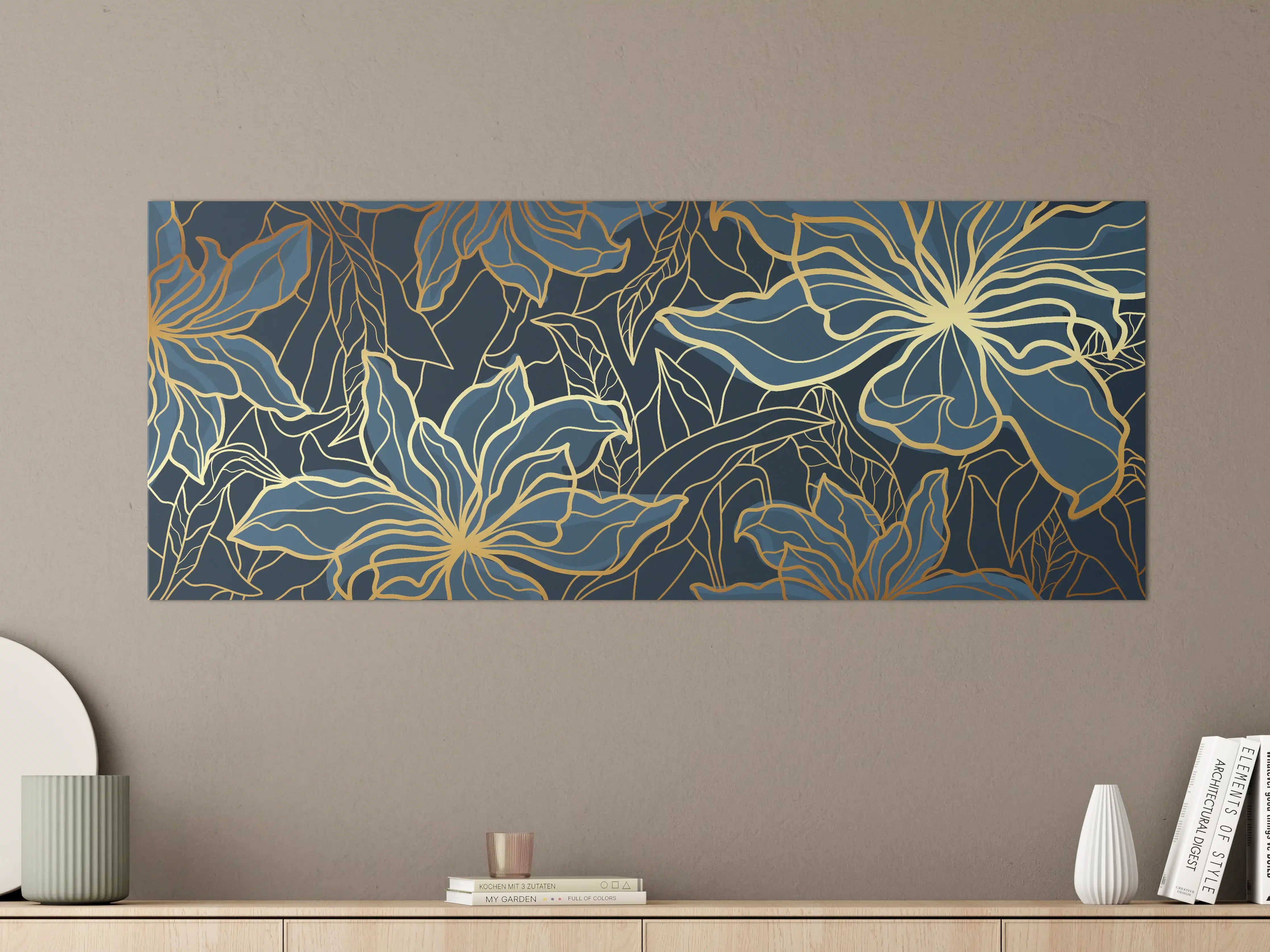 Große Wandbilder - Goldene Blumenranken auf Dunkelblau