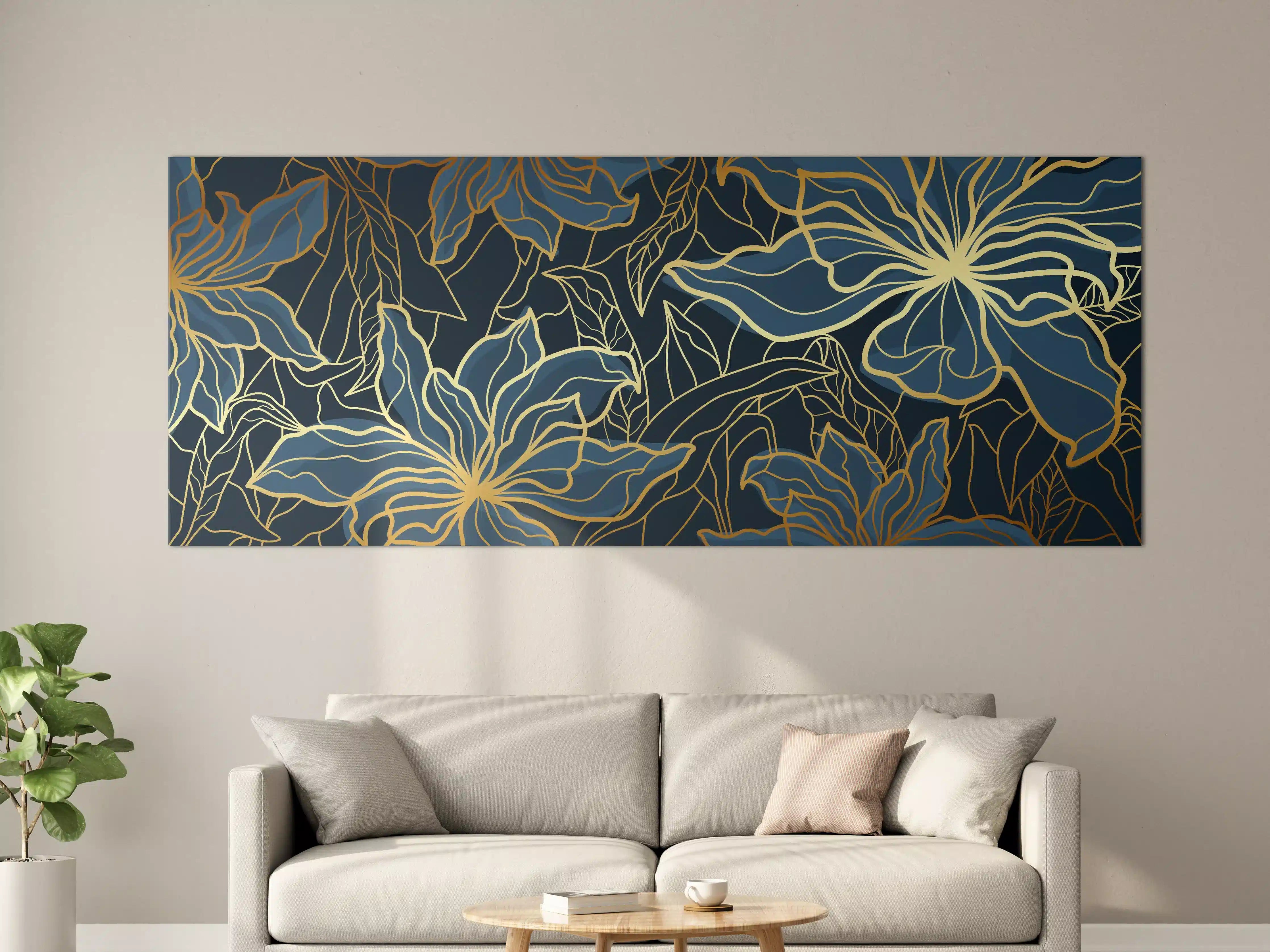 Große Wandbilder - Goldene Blumenranken auf Dunkelblau