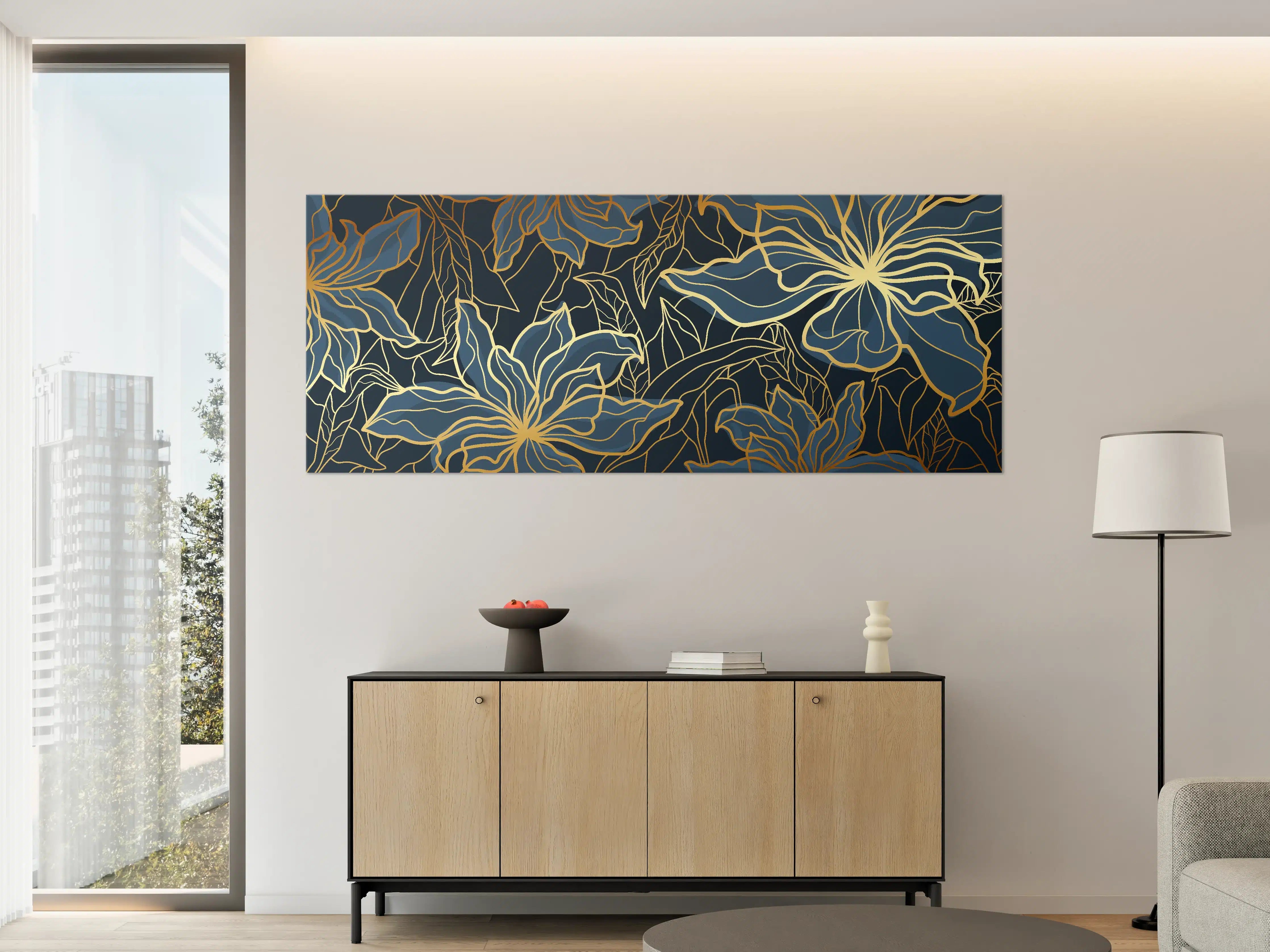 Große Wandbilder - Goldene Blumenranken auf Dunkelblau