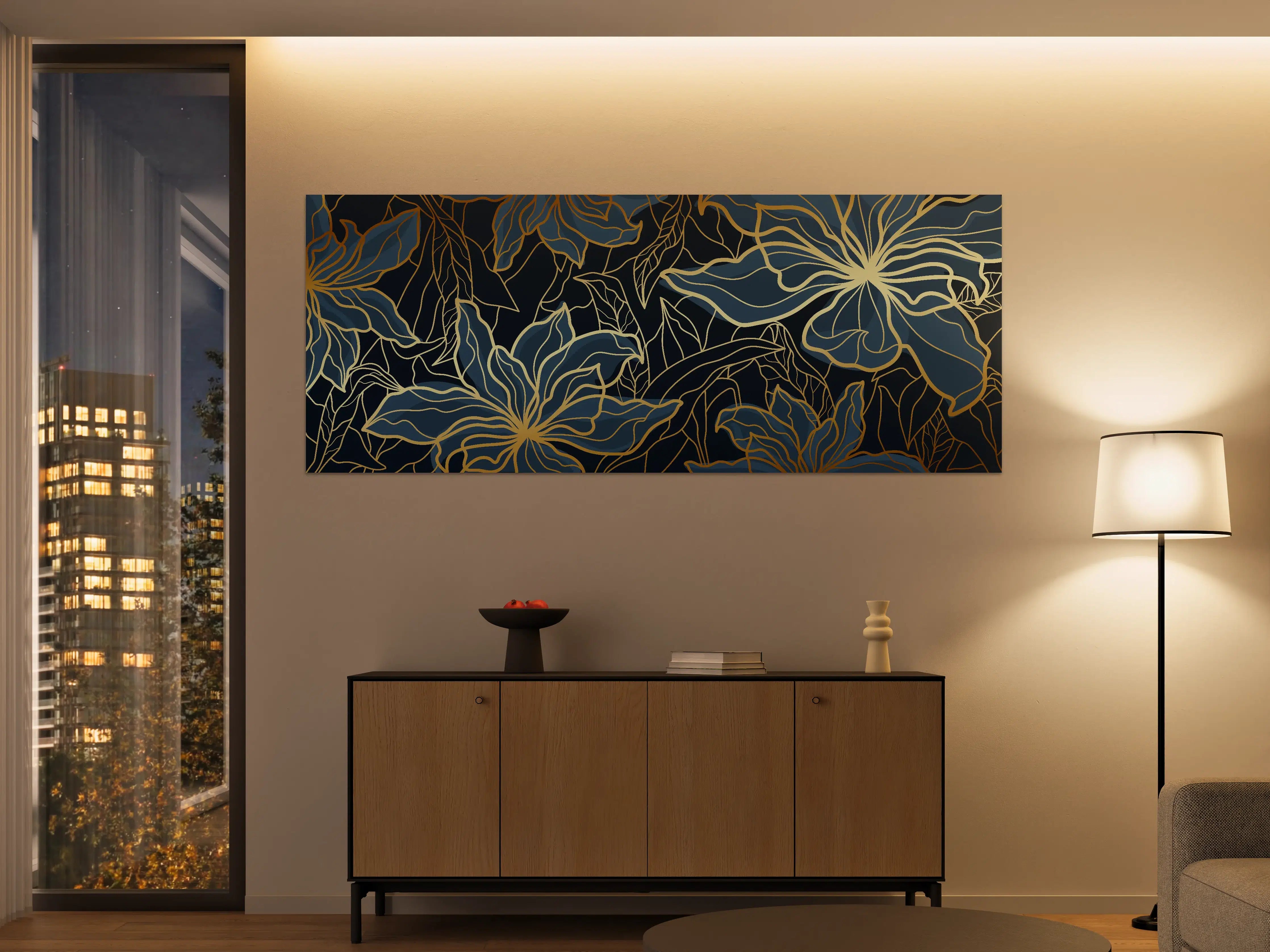 Große Wandbilder - Goldene Blumenranken auf Dunkelblau