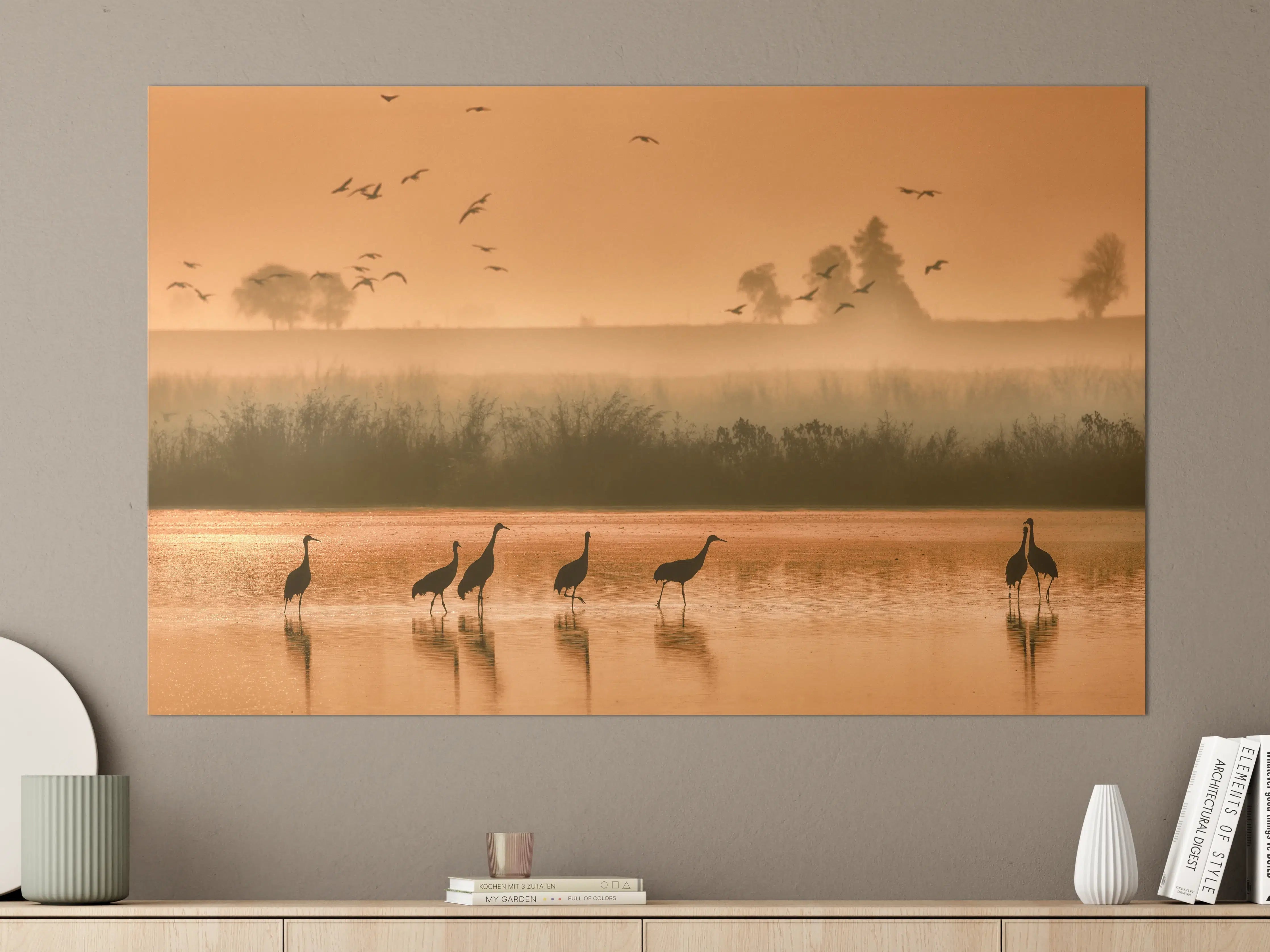 Große Wandbilder - Goldene Dämmerung am Fluss mit Zugvögeln