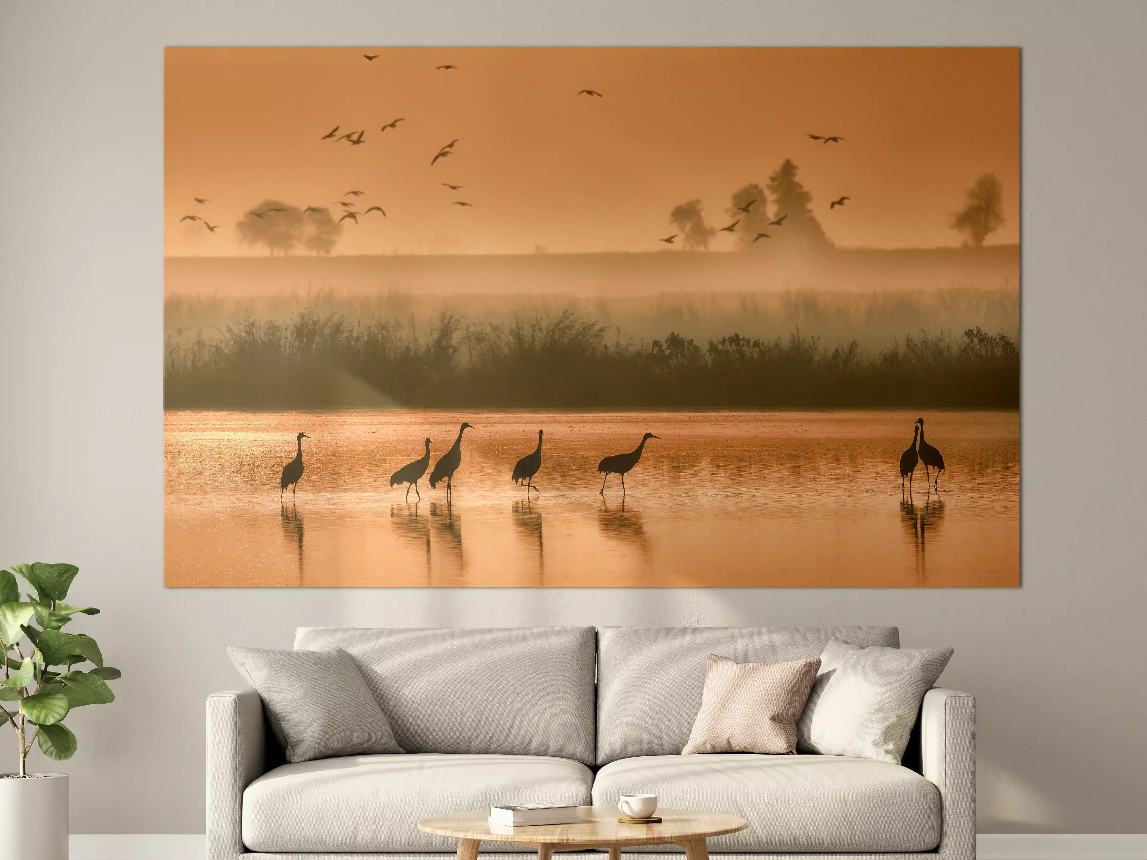 Große Wandbilder - Goldene Dämmerung am Fluss mit Zugvögeln