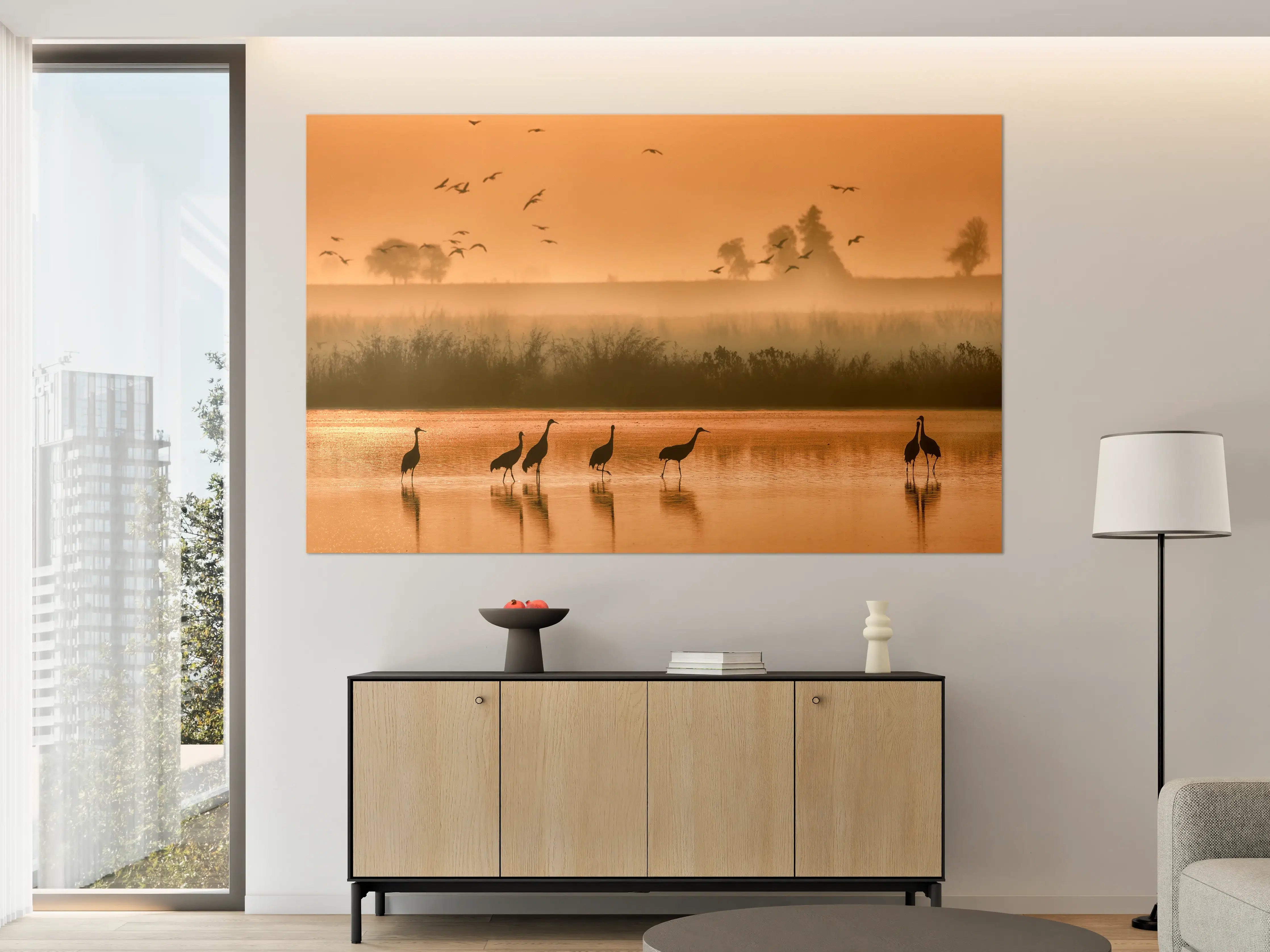 Große Wandbilder - Goldene Dämmerung am Fluss mit Zugvögeln