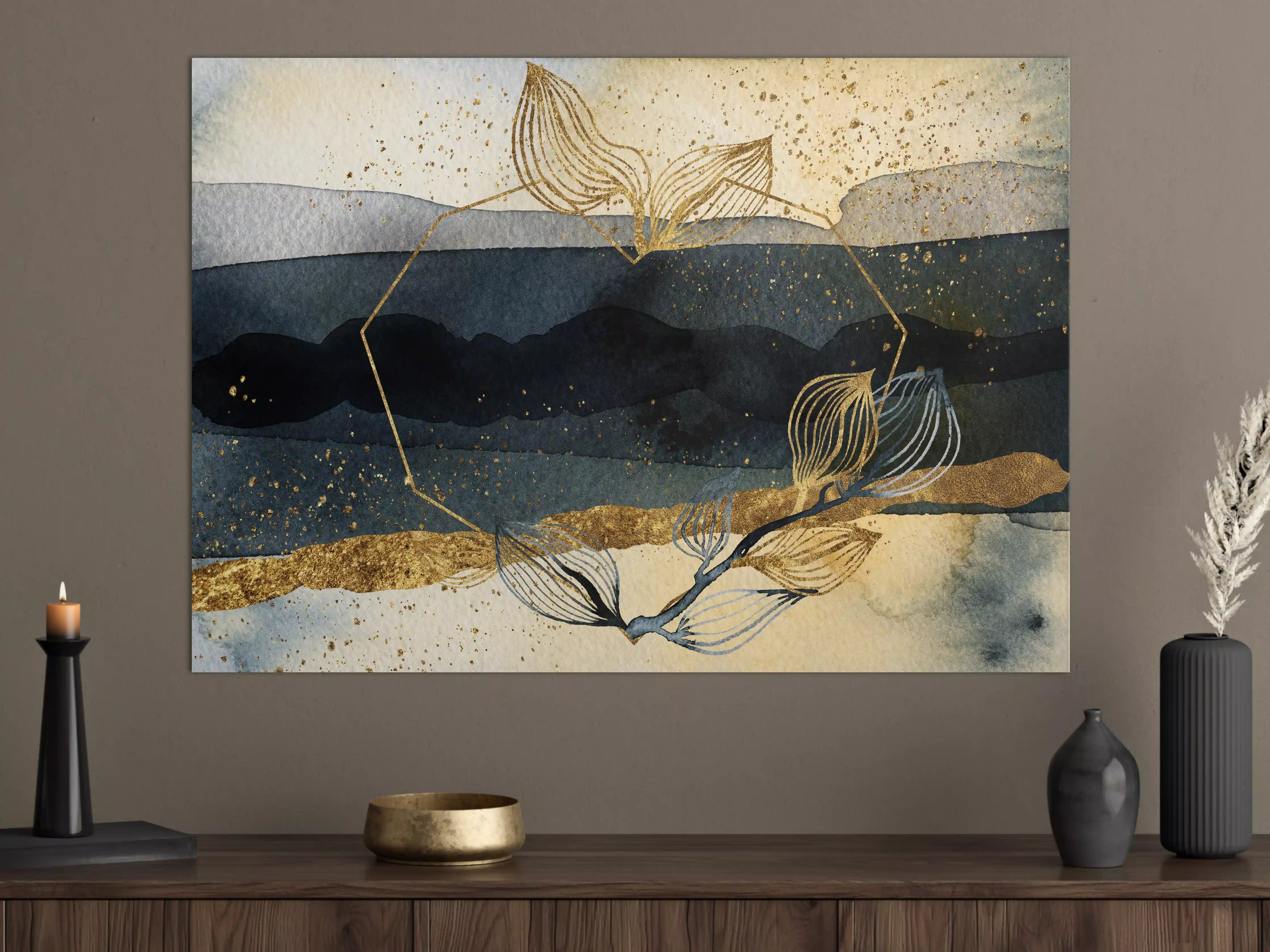 Große Wandbilder - Goldene Fadenranke auf dunklem Wasserhintergrund