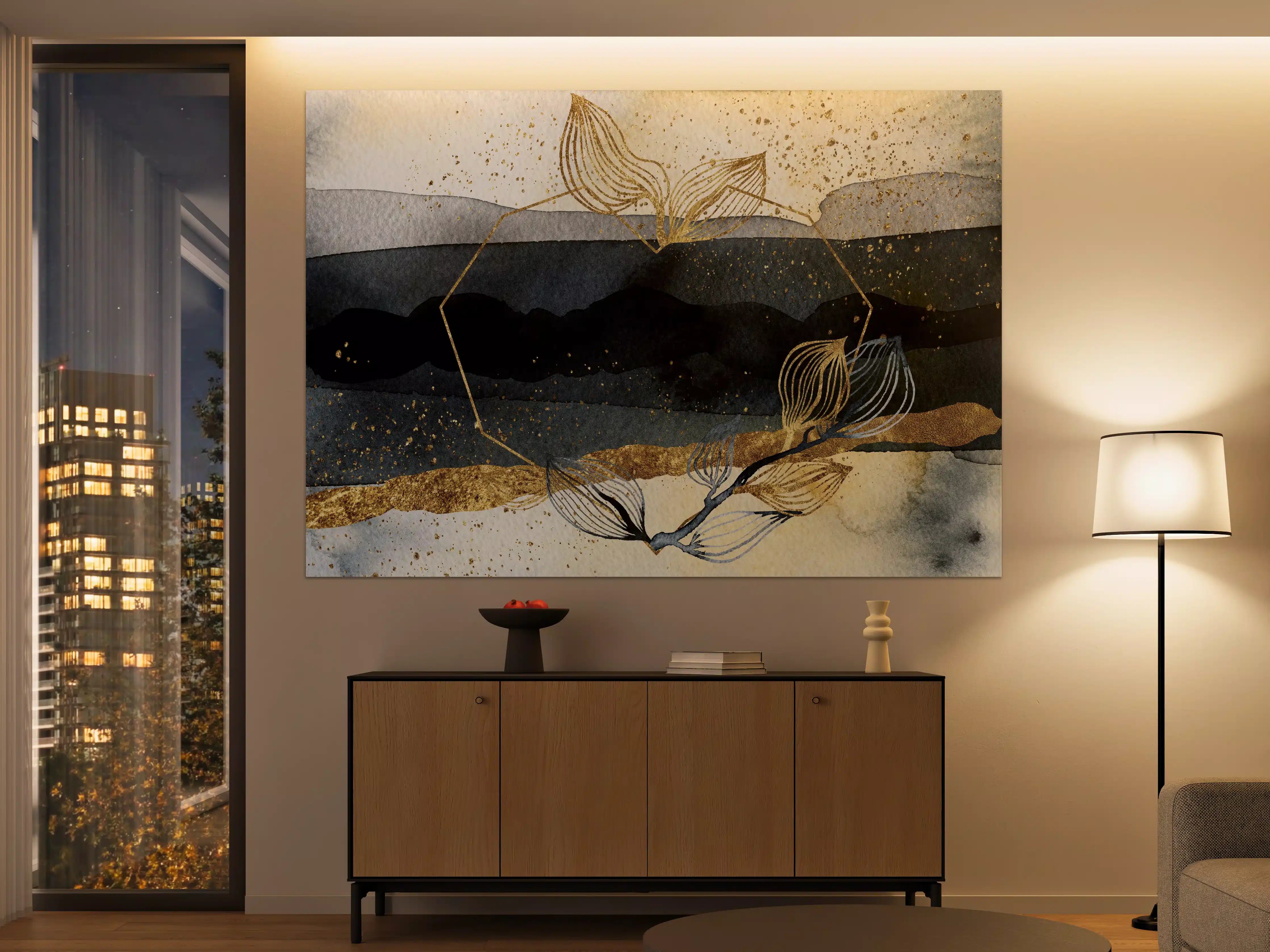 Große Wandbilder - Goldene Fadenranke auf dunklem Wasserhintergrund