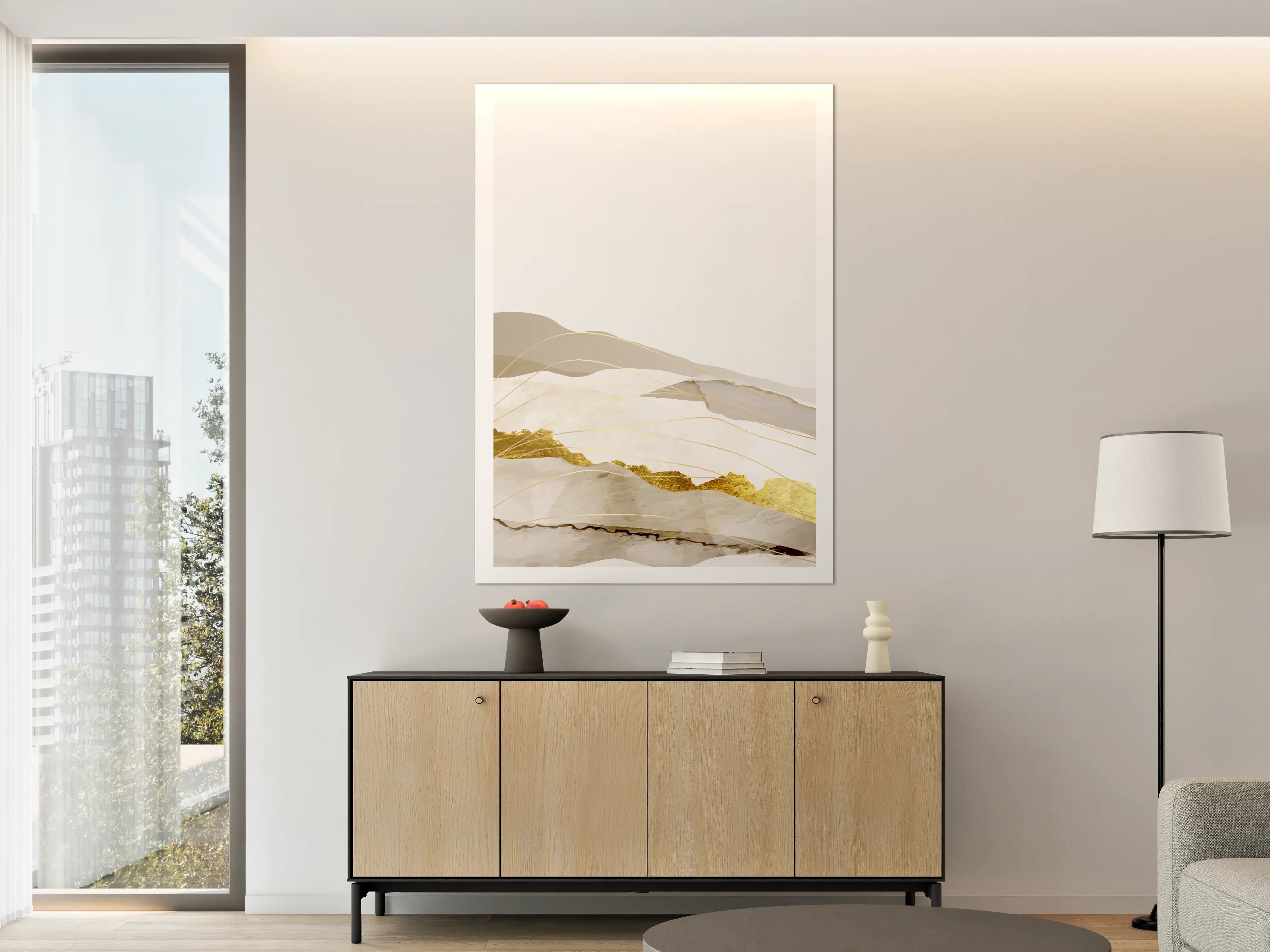 Große Wandbilder - Goldene Kanten, Sanfte Grau- und Beigetöne, Elegantes Marbled Design
