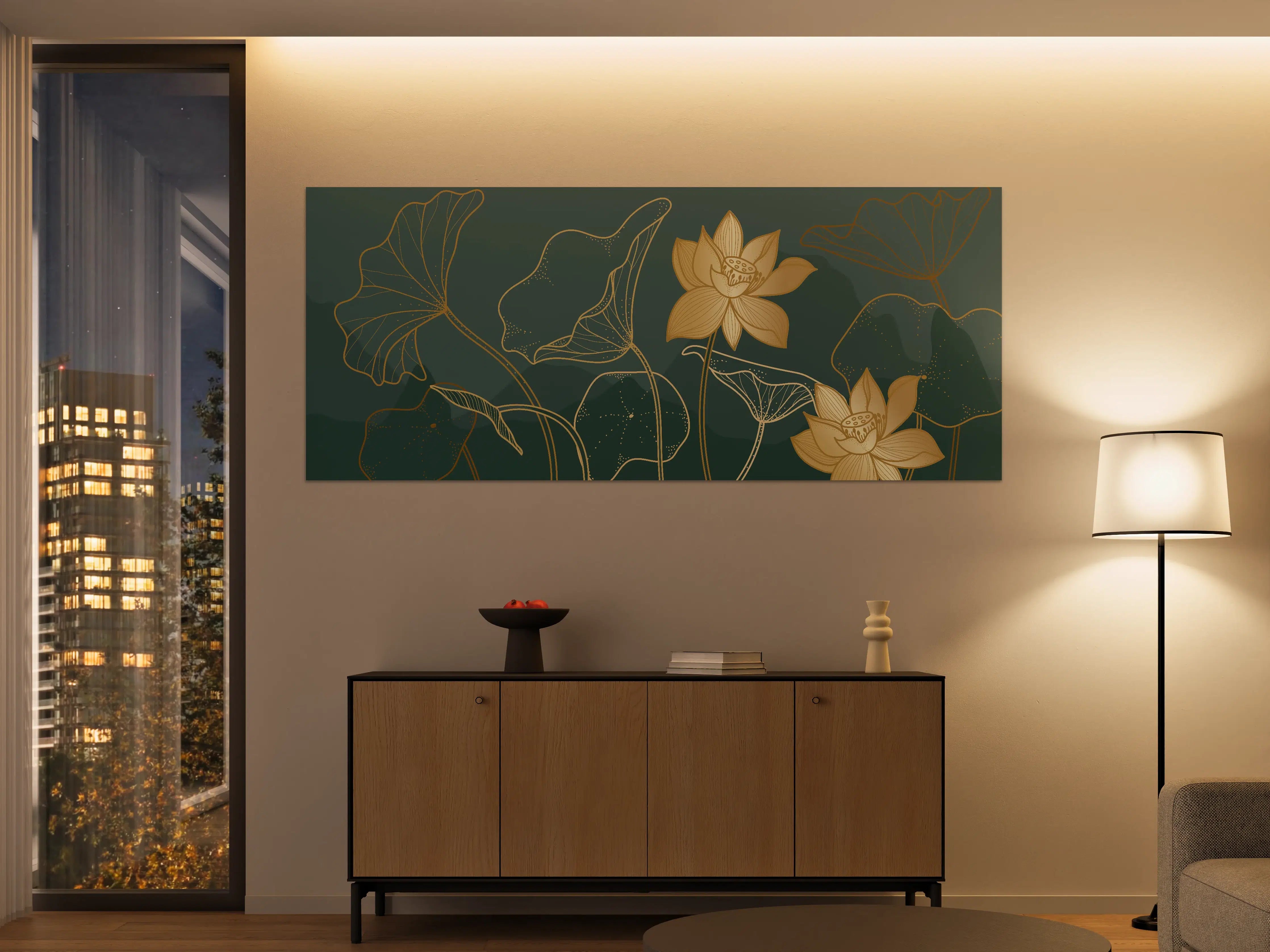Große Wandbilder - Goldene Lotus Linienzeichnung