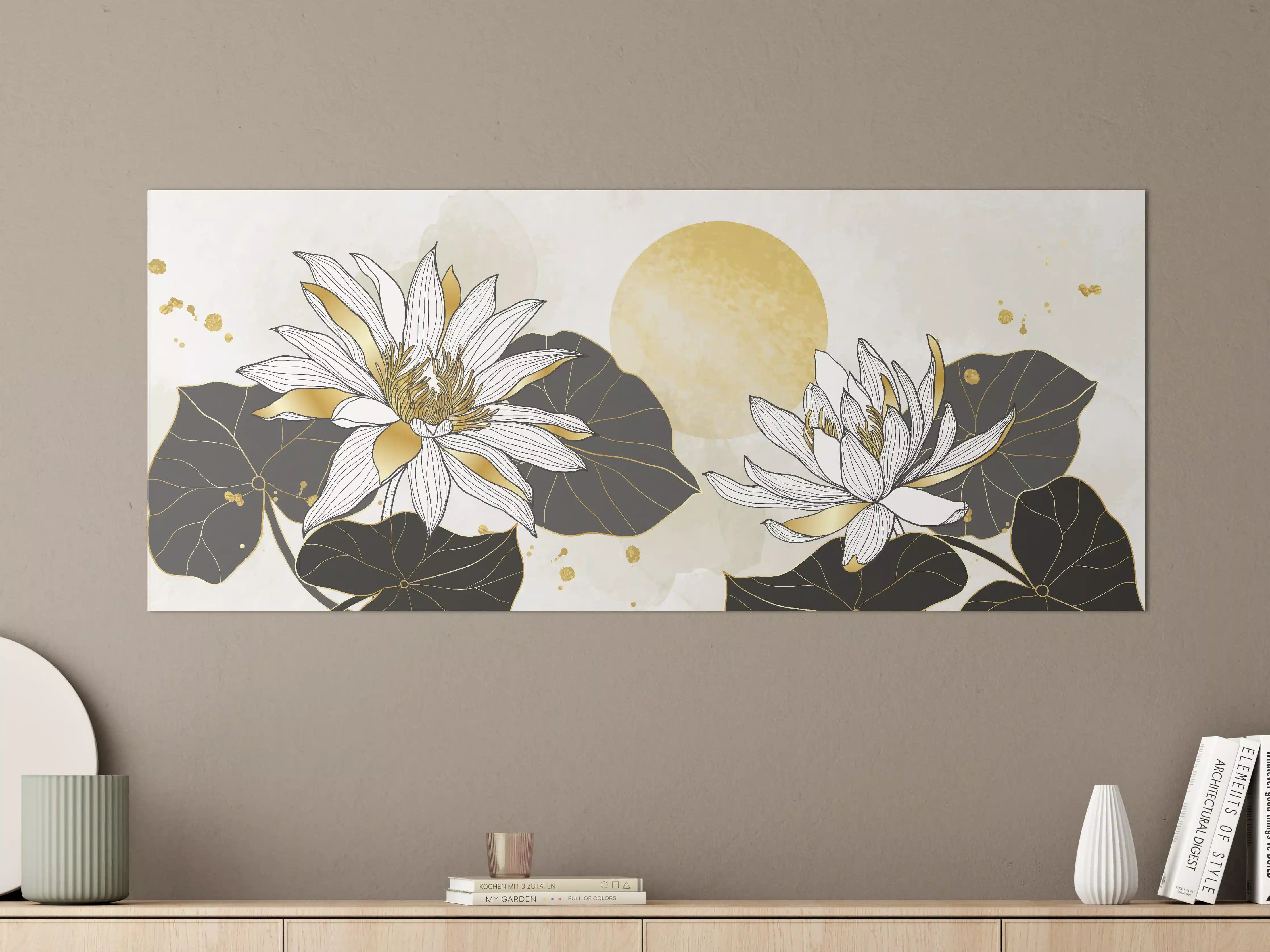 Große Wandbilder - Goldene Lotusblüten Illustration
