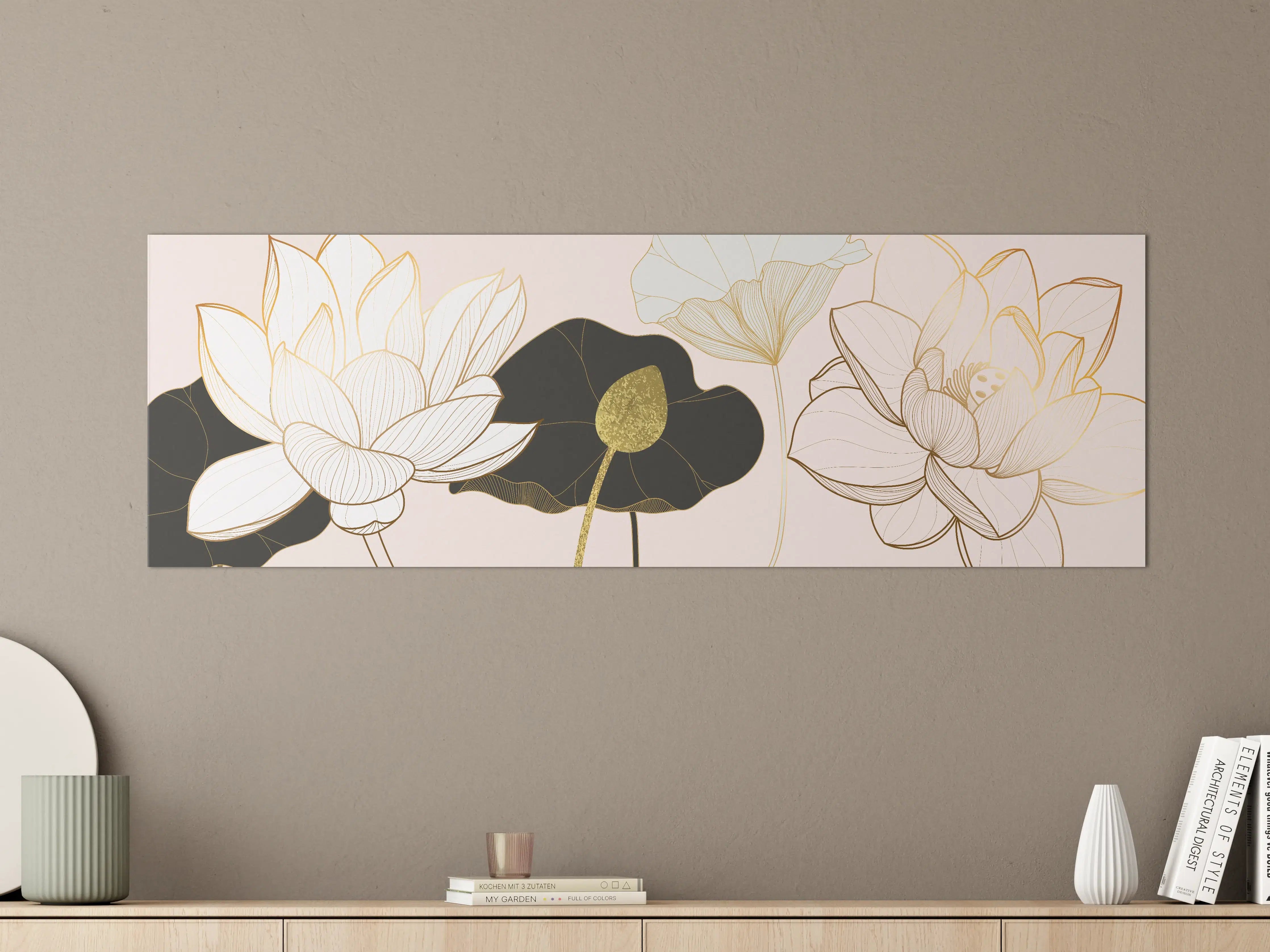 Große Wandbilder - Goldene Lotusblumen auf Schwarz