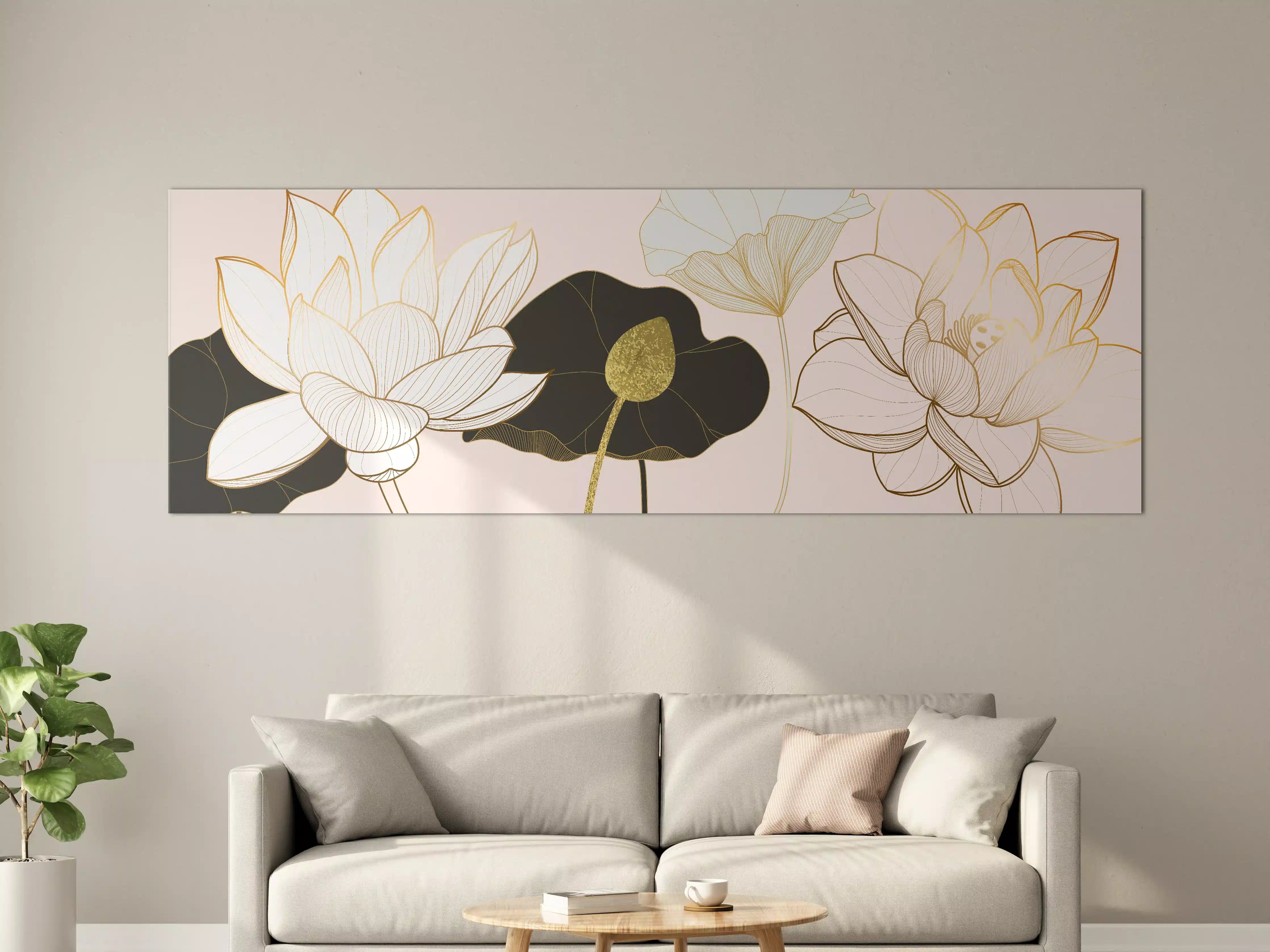 Große Wandbilder - Goldene Lotusblumen auf Schwarz