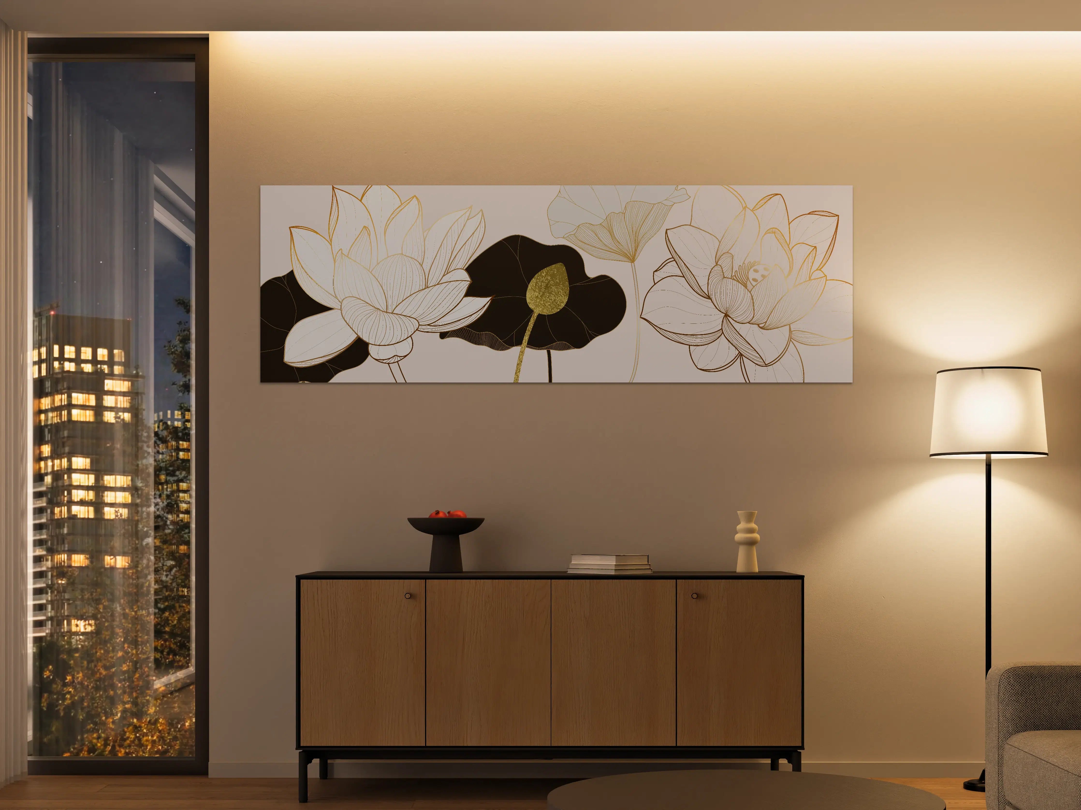 Große Wandbilder - Goldene Lotusblumen auf Schwarz