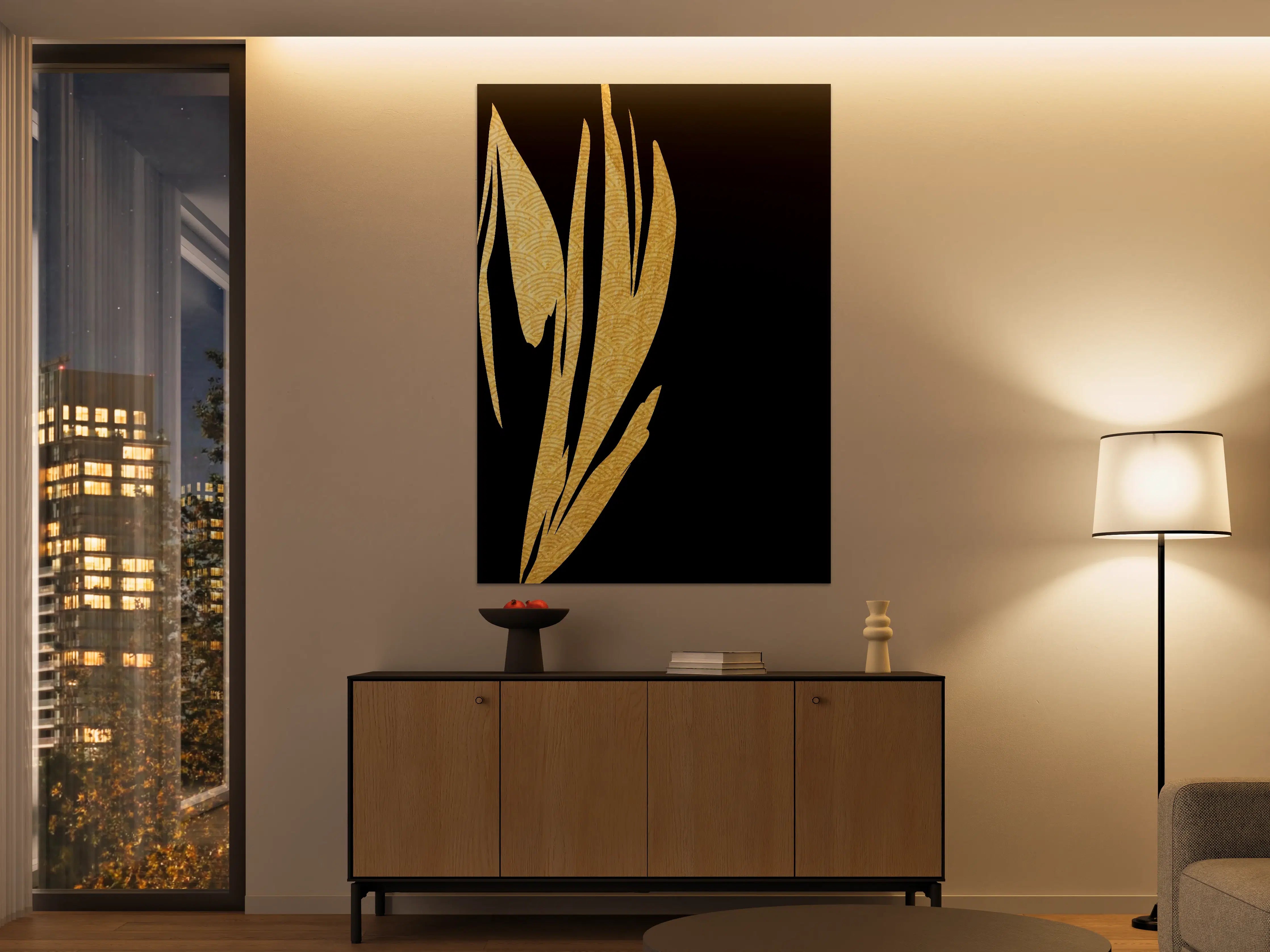Große Wandbilder - Goldene Pflanzen im schwarzen Hintergrund