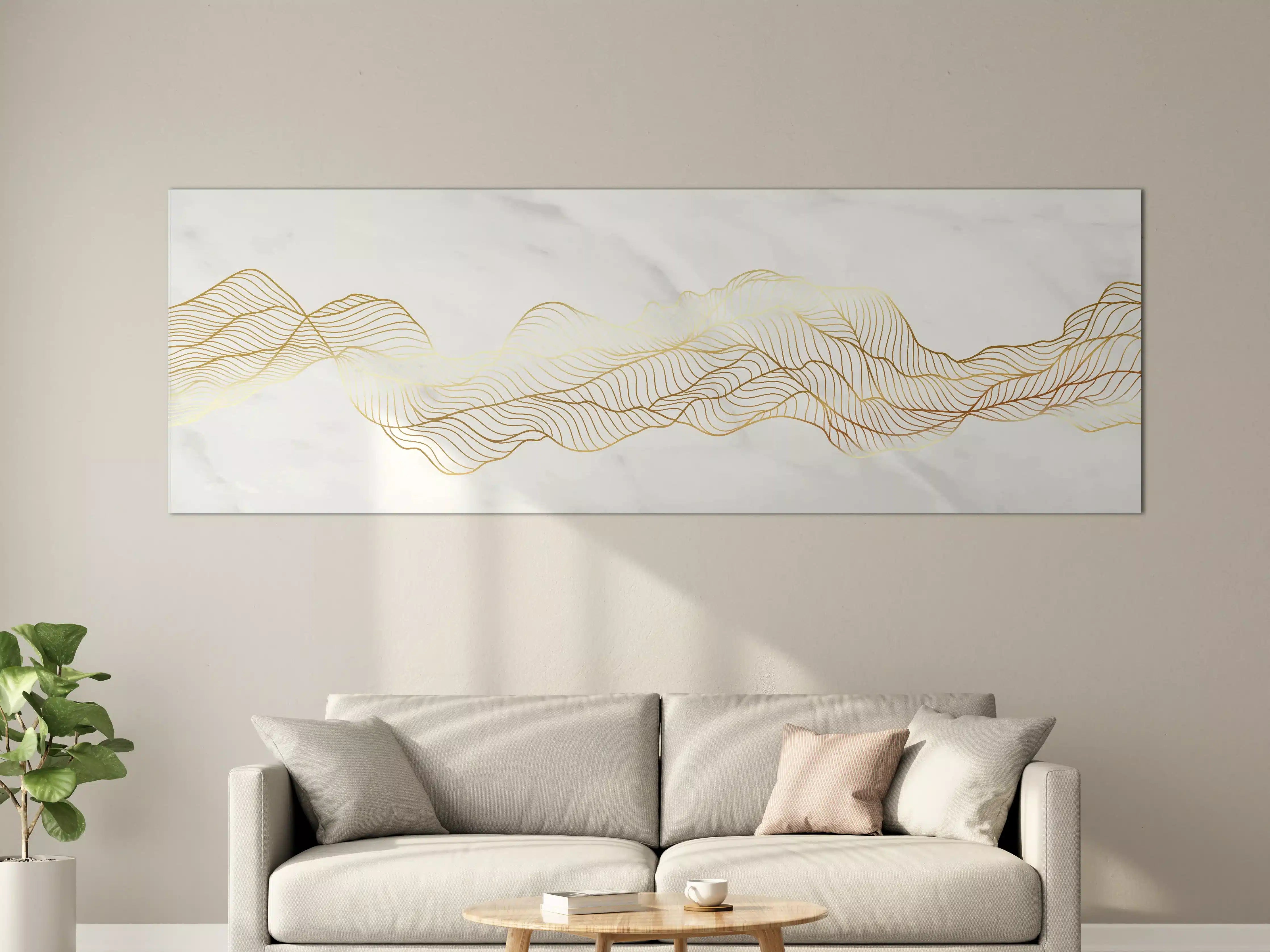 Große Wandbilder - Goldene Wellenlinien auf Marmor